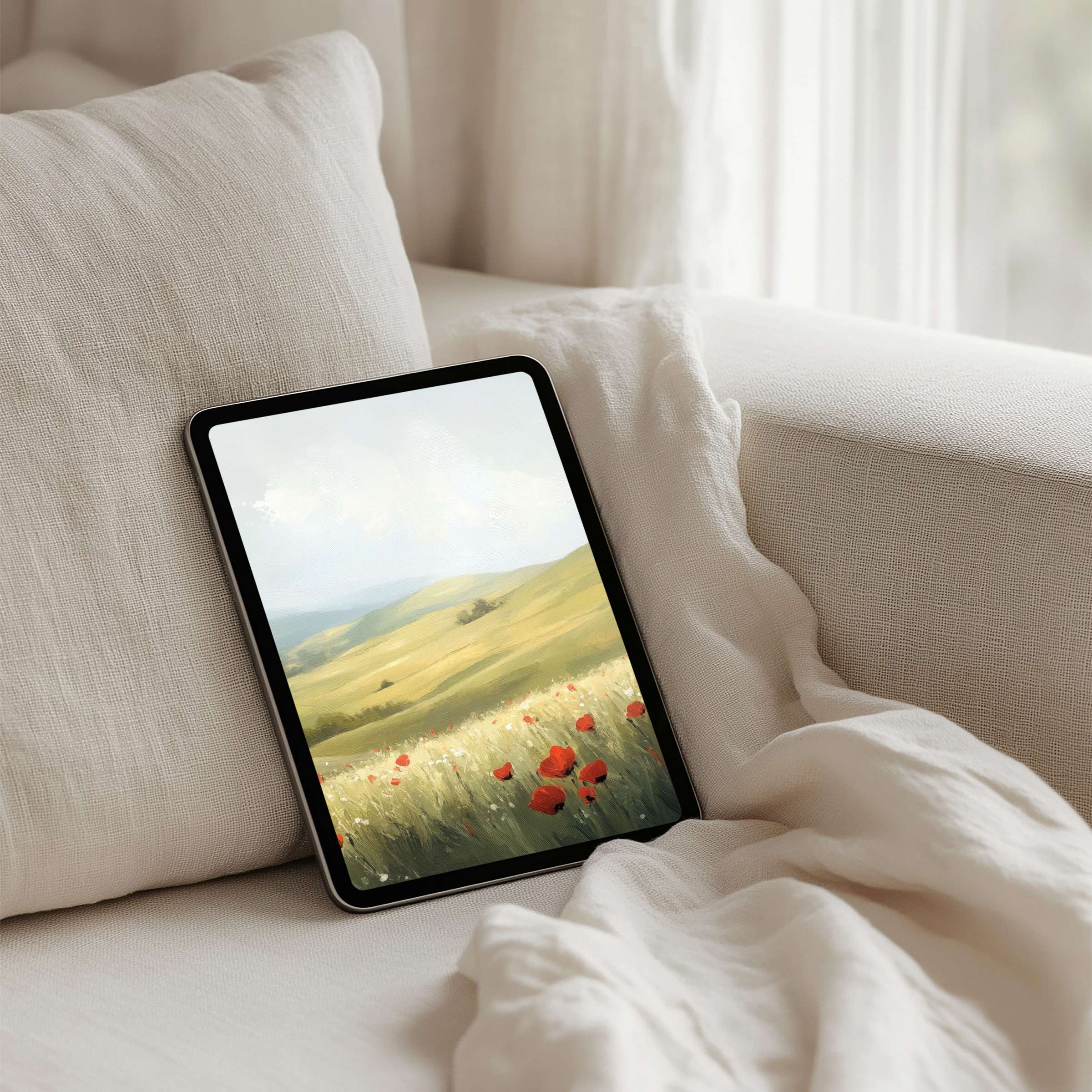 Elegant iPad background with serene poppy field painting suitable for tablet screens offering instant download for mindful inspiration