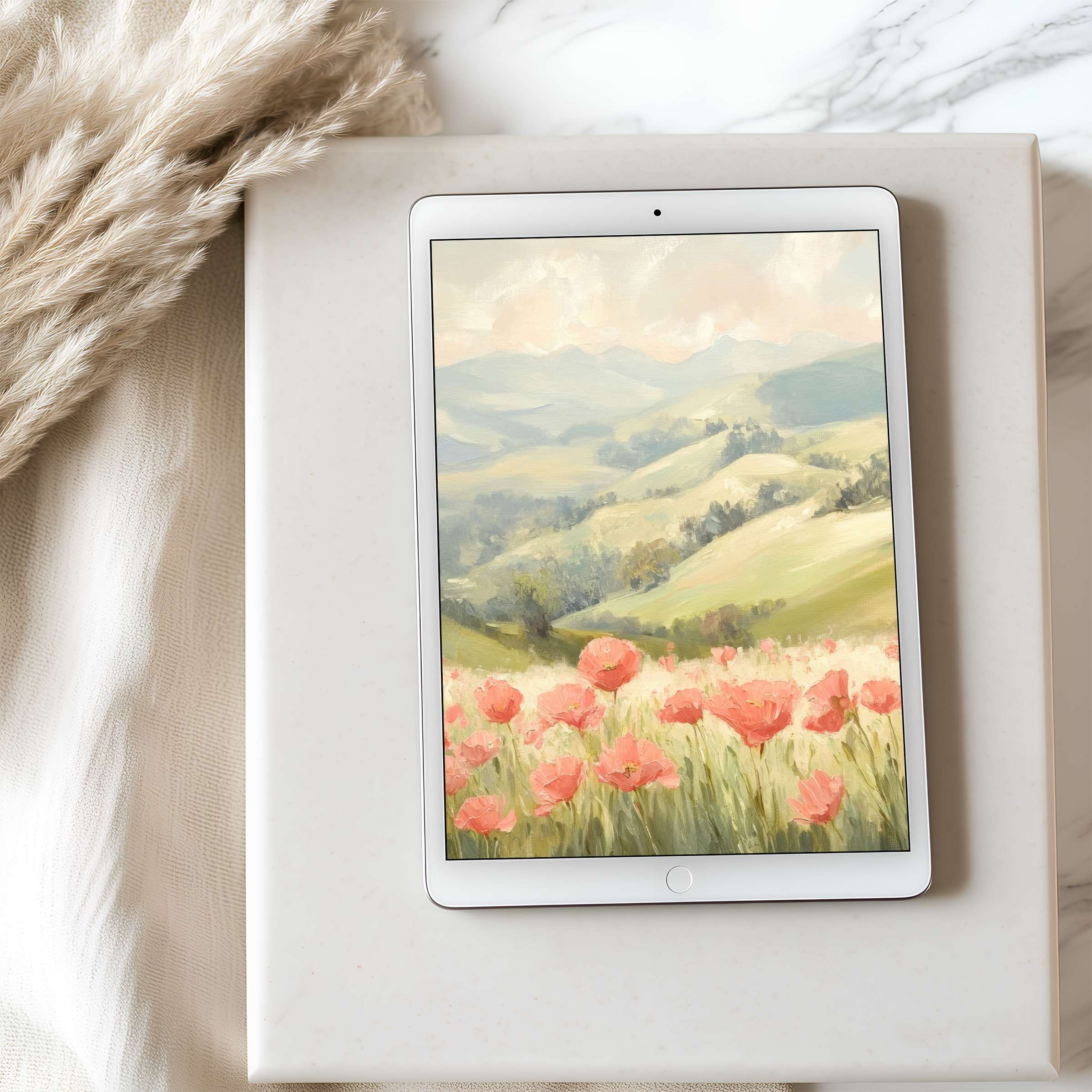 Elegant tablet wallpaper featuring serene hills and delicate poppies, perfect for iPad and Android tablets, offering calm and high resolution beauty
