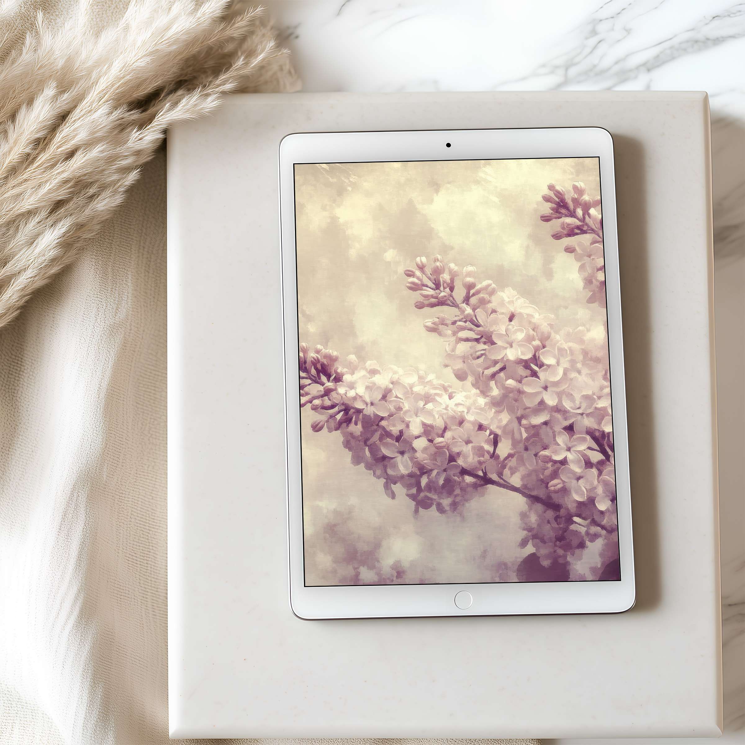 Elegant tablet wallpaper featuring tranquil lilac blossoms in soft pastels, perfect for iPad or Android, enhancing digital ambiance