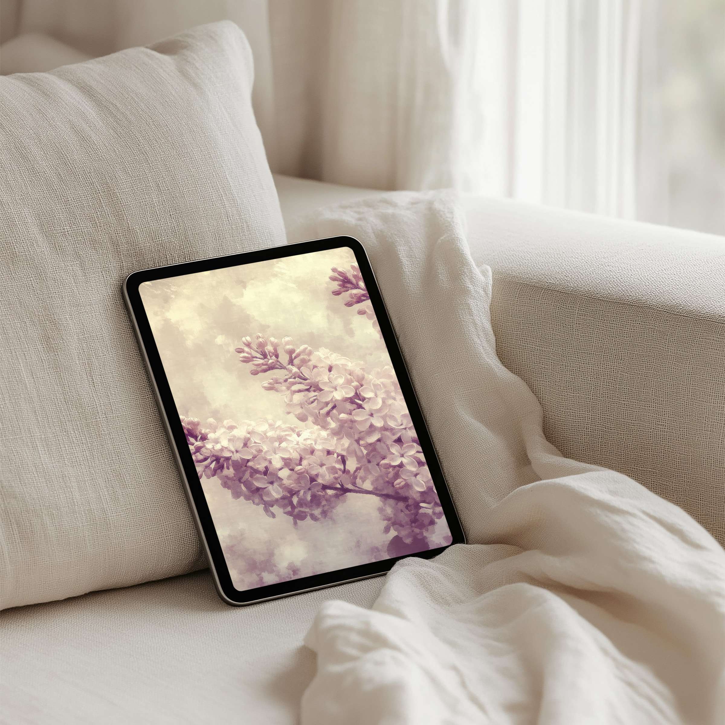Calming lavender blossoms enrich this artistic iPad background for instant download, fitting all tablet models for mindful design lovers