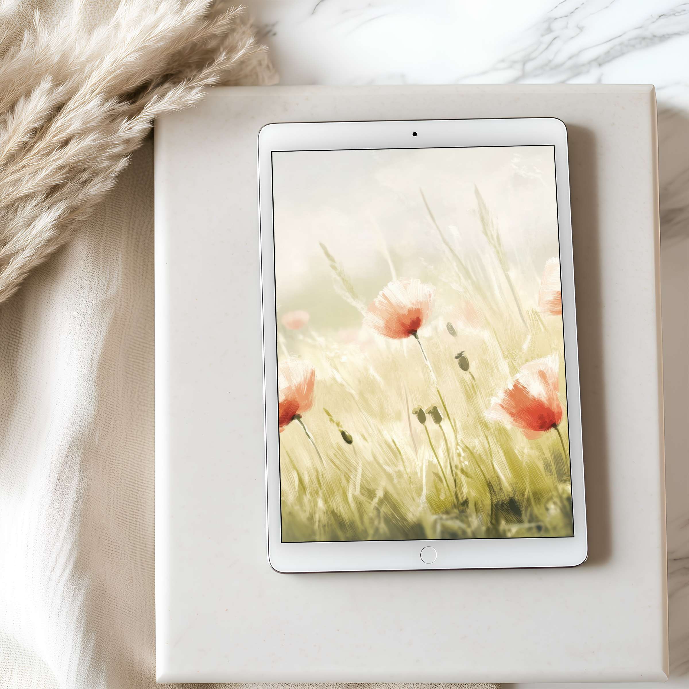 Elegant watercolor poppy tablet wallpaper on iPad evokes calm, high resolution design for serene, sustainable digital download
