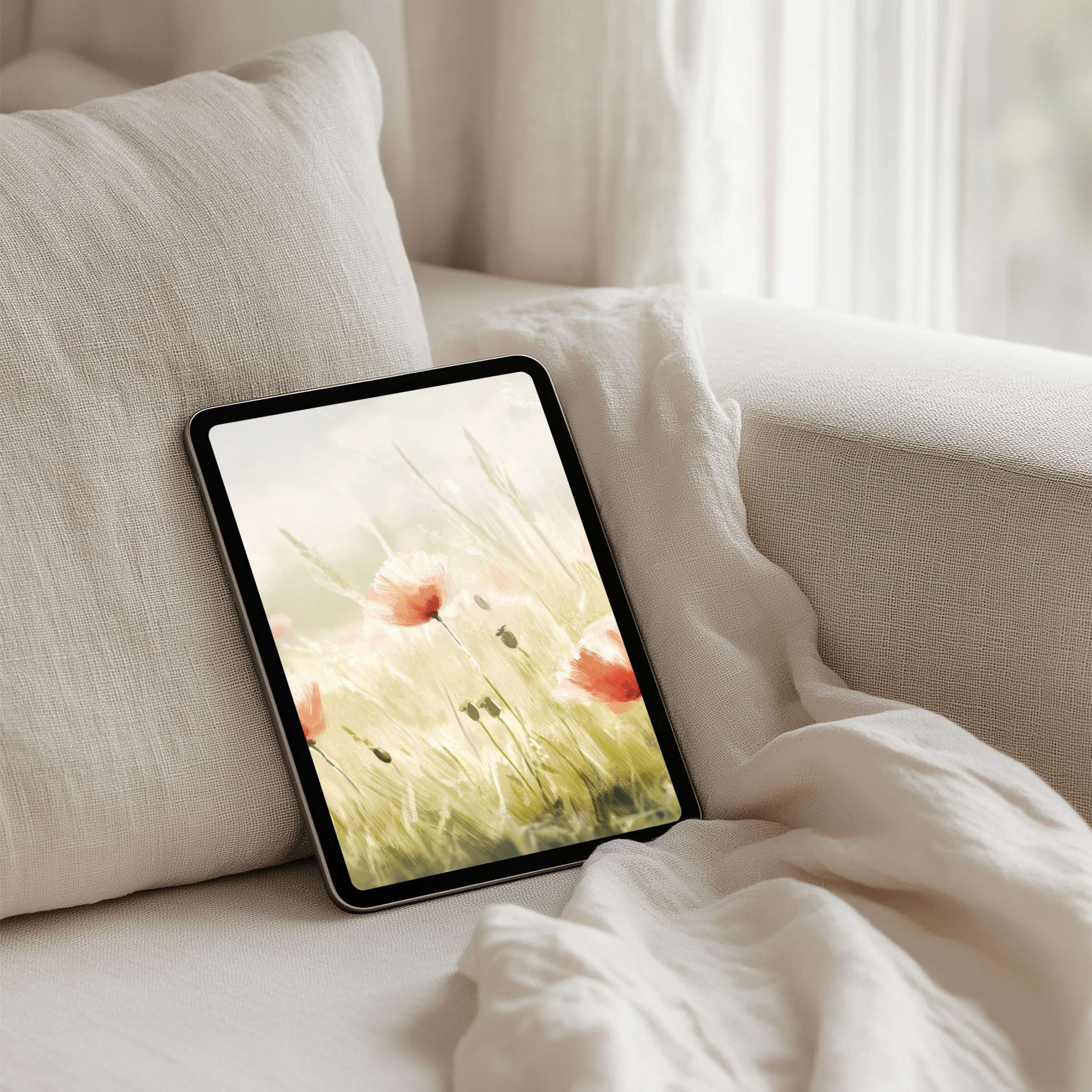 Tranquil watercolor poppy field iPad background for instant download evokes elegance and calm, fitting any tablet design aesthetic