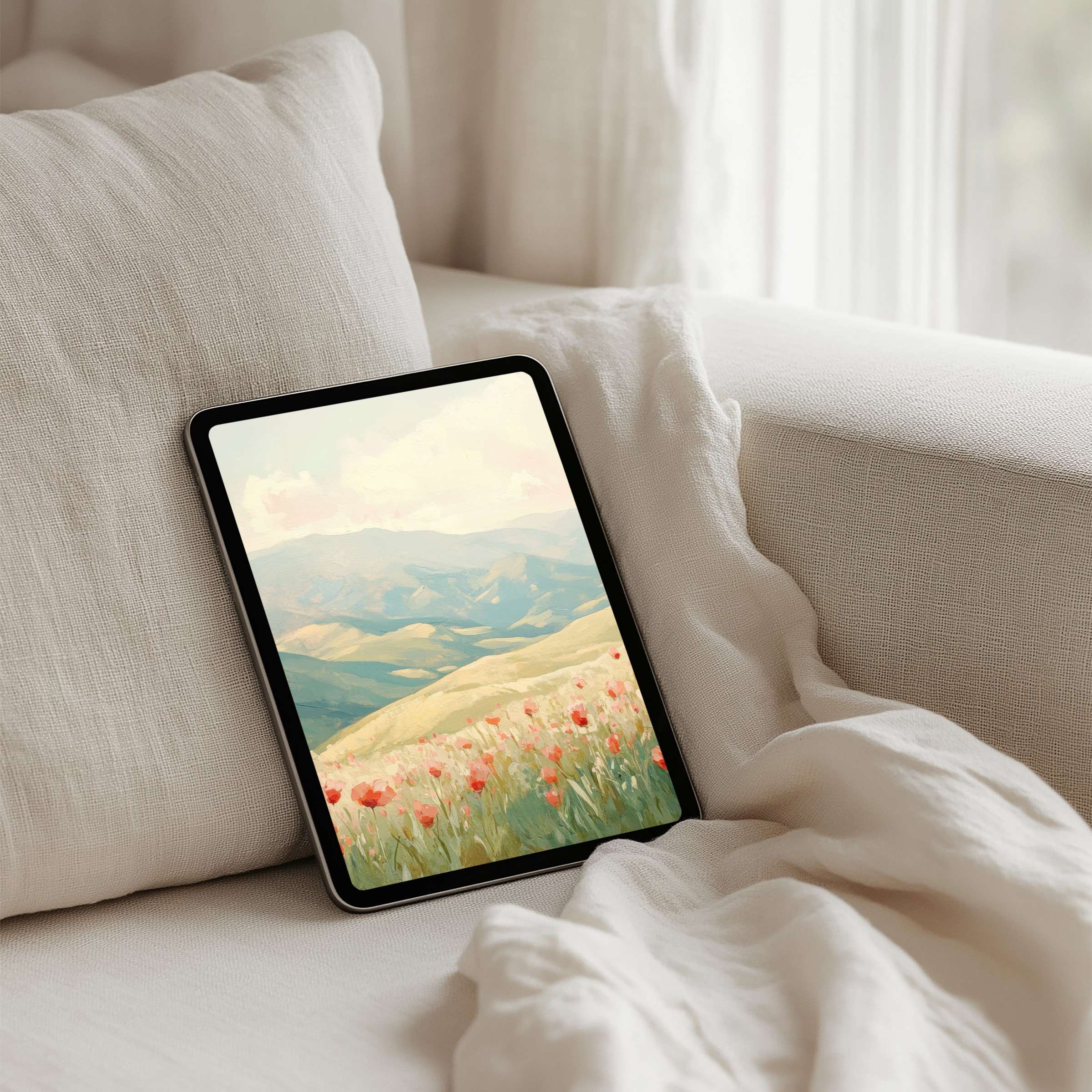 Elegant iPad background of serene landscapes with pastel tones for a calming tablet experience and instant download today