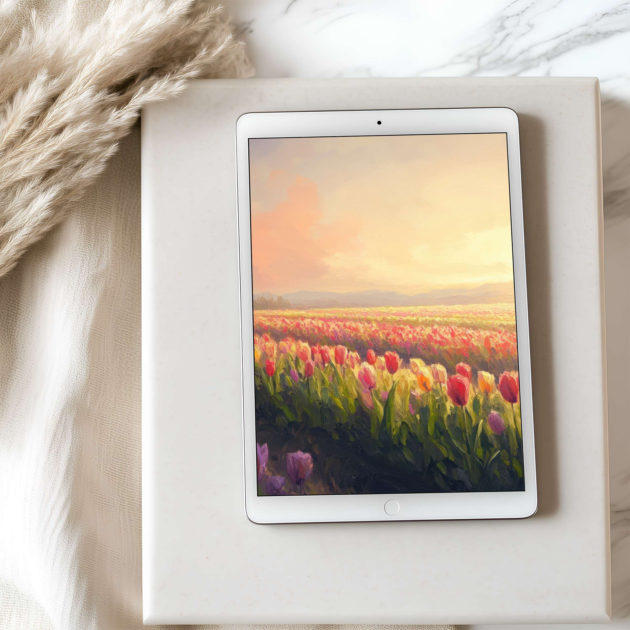 Elegant tablet wallpaper with serene tulip field against a soft sunrise perfect for iPad high resolution digital download