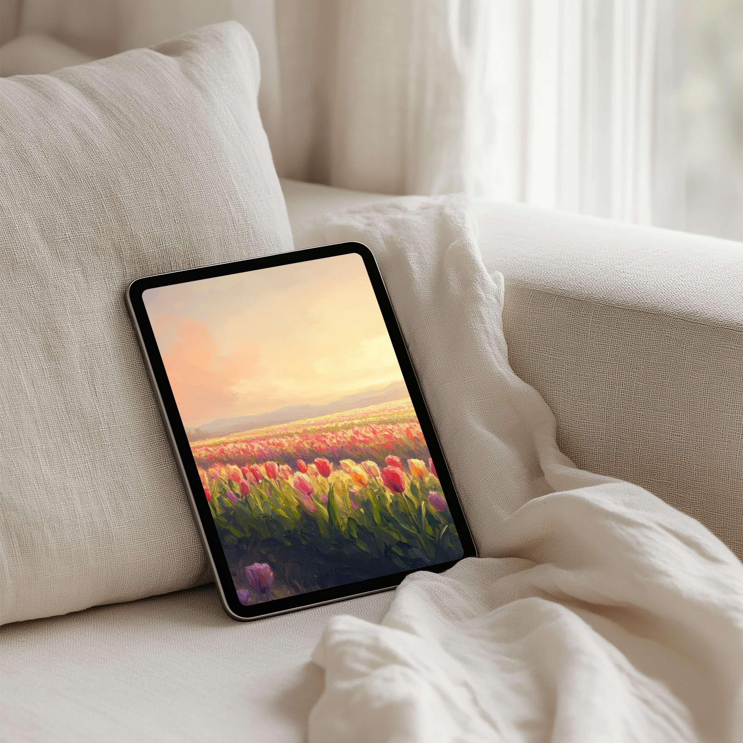 Elegant iPad background with calming tulip field in soft hues for instant download fits tablet screens beautifully promoting inspiration