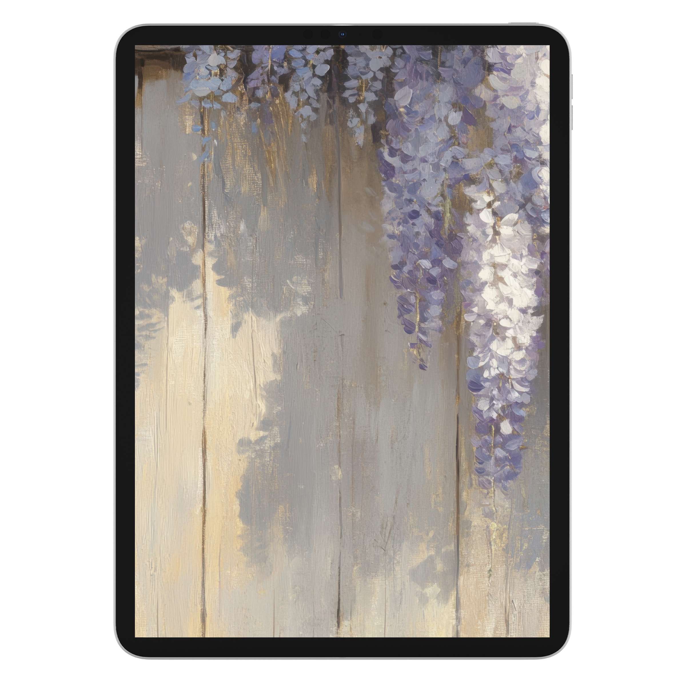 Elegant spring iPad wallpaper featuring serene purple wisteria on a rustic wooden background for tablets, a calming digital download