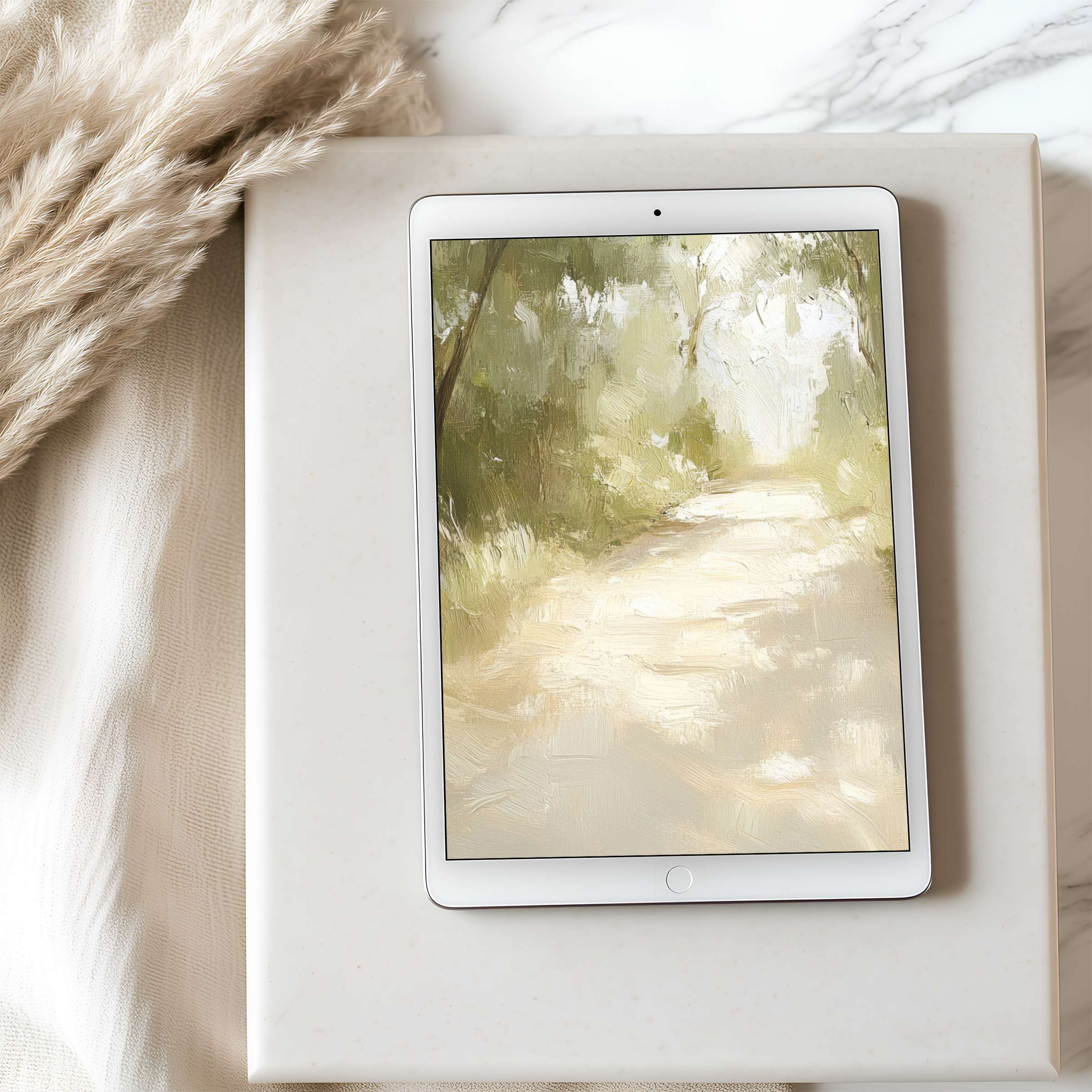Serene landscape tablet wallpaper in soft earthy tones, perfect for iPad or Android tablets, effortlessly download to enhance your digital space