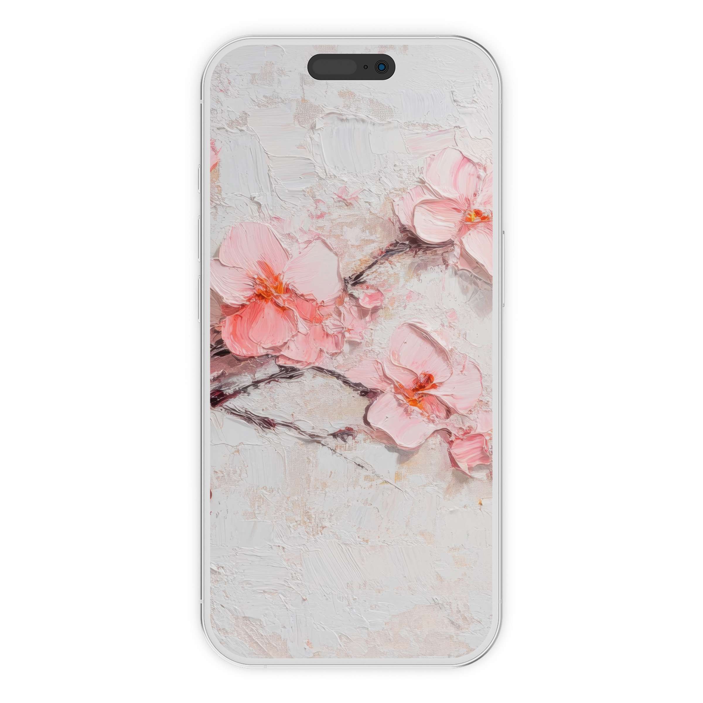 Elegant spring iPhone wallpaper featuring delicate pink blossoms on textured canvas for an inspiring digital download phone background