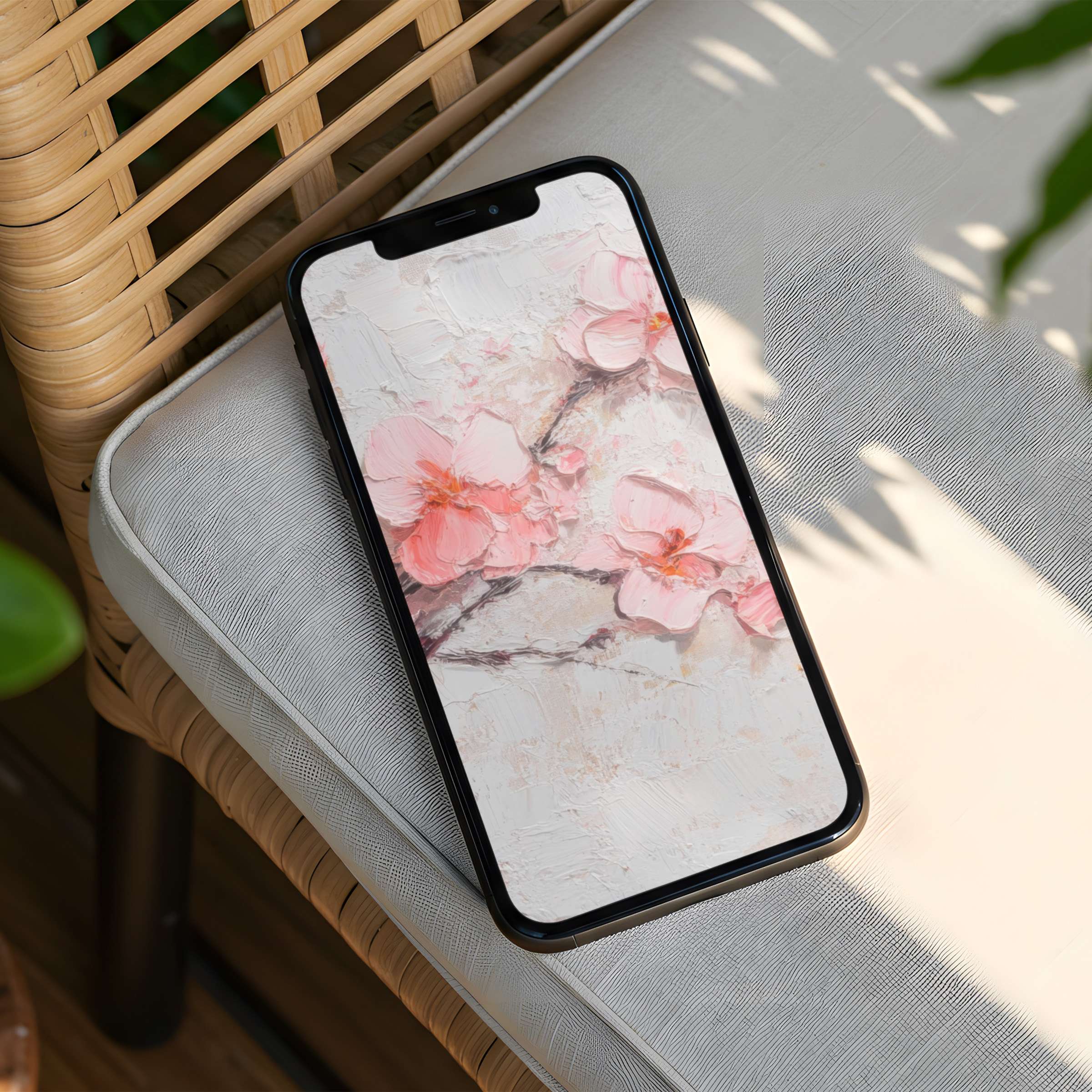Elegant floral iPhone background with pink blooms on a textured canvas evokes calm and inspiration, perfect for phone instant download
