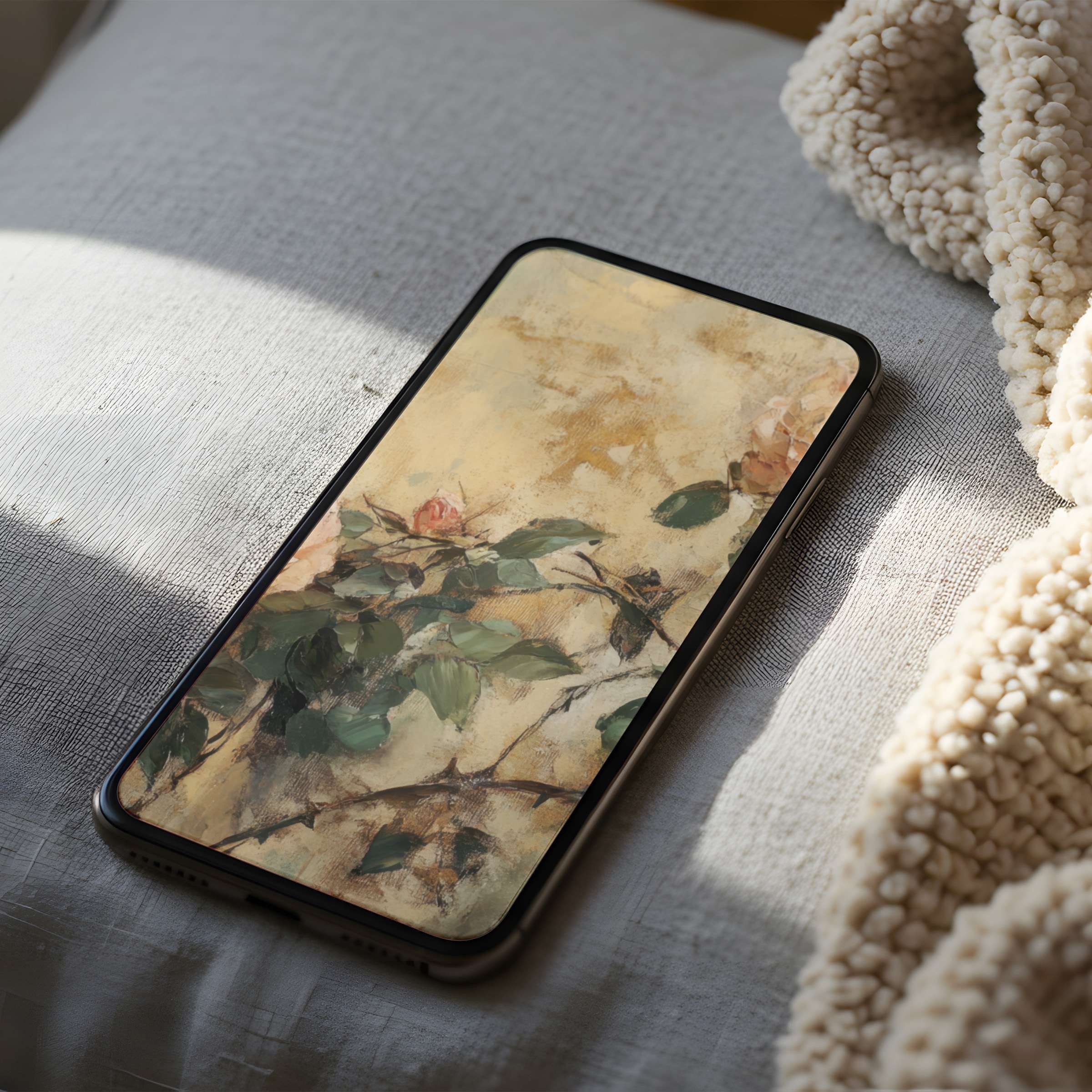 Elegant phone wallpaper featuring serene floral art with soft earth tones, ideal high resolution download for iPhone and Android use