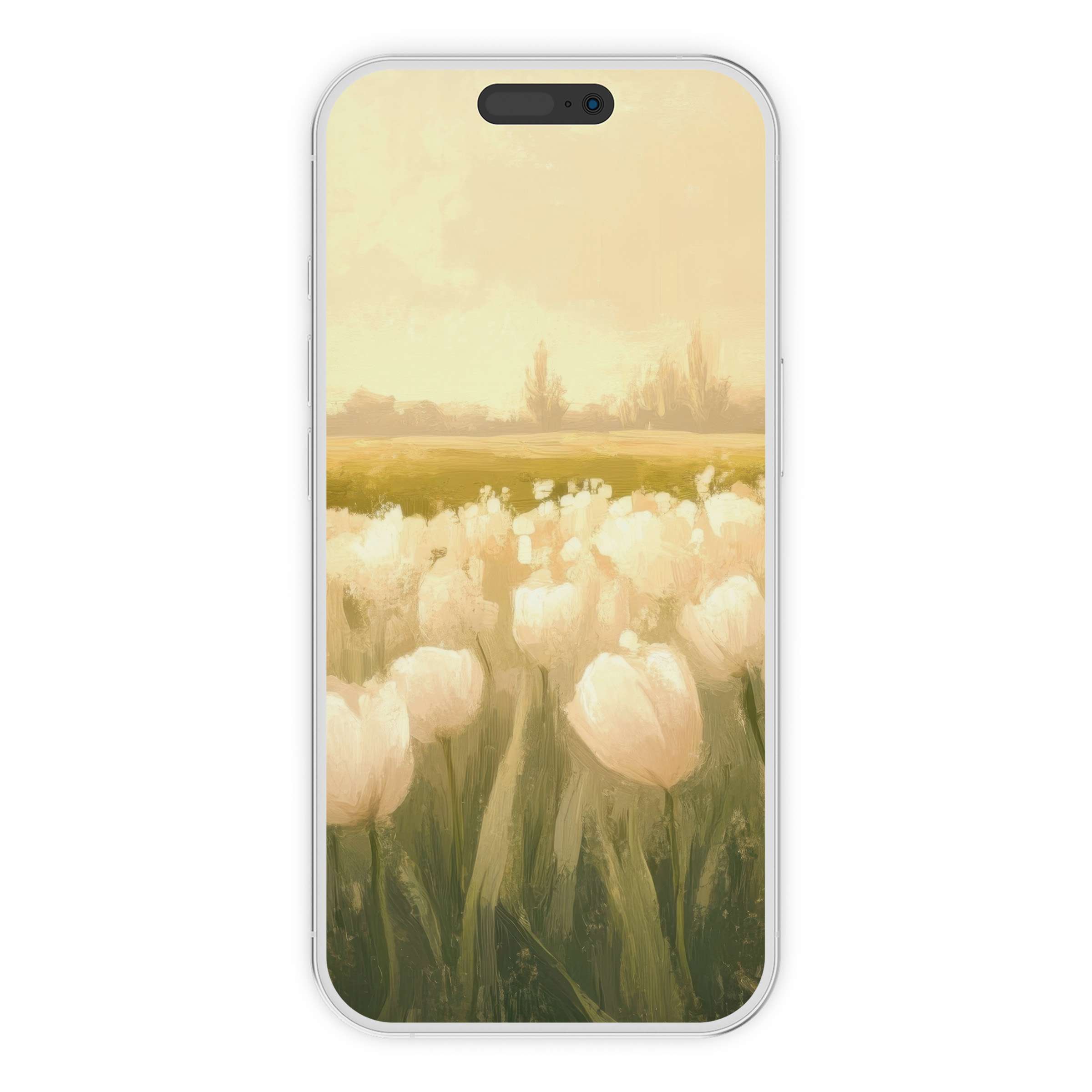 Serene spring iPhone wallpaper featuring a digital download of elegant white tulips, perfect for a calming phone background on Android and iPhones