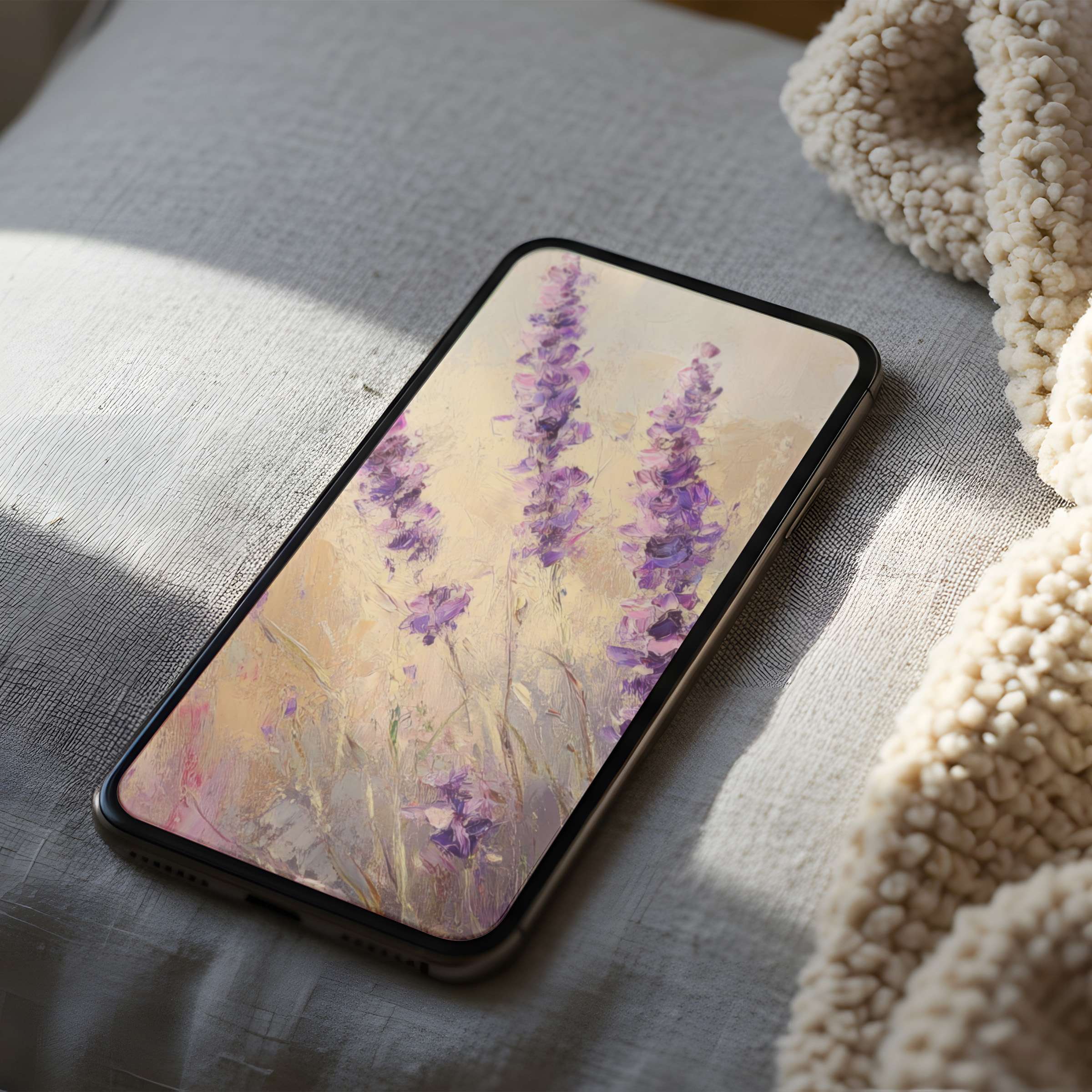 Lavender motif phone wallpaper in high resolution exudes elegance and calm, perfect for iPhone and android digital download