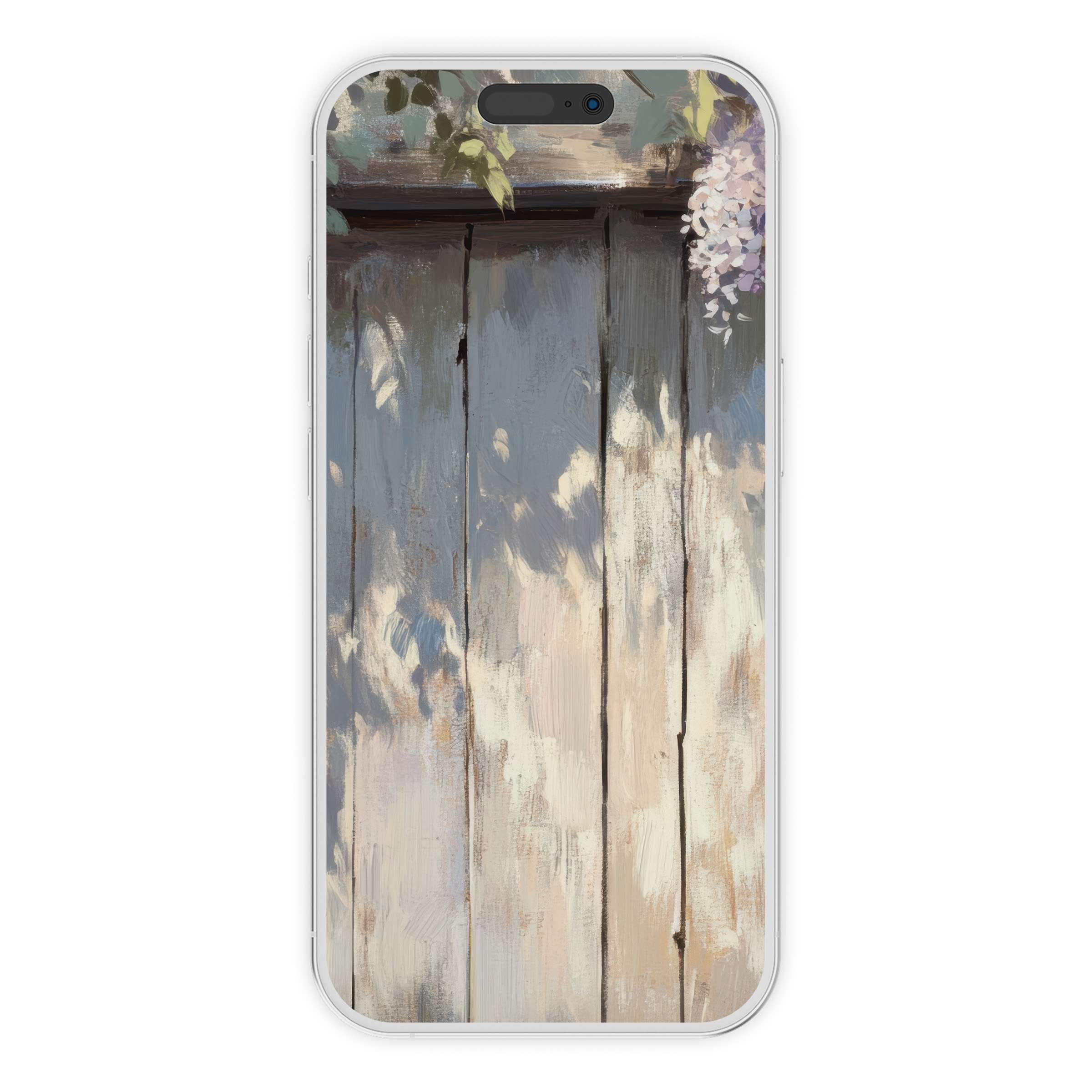 Elegant spring iPhone wallpaper featuring serene pastel wood textures and flowering vines, perfect phone background digital download