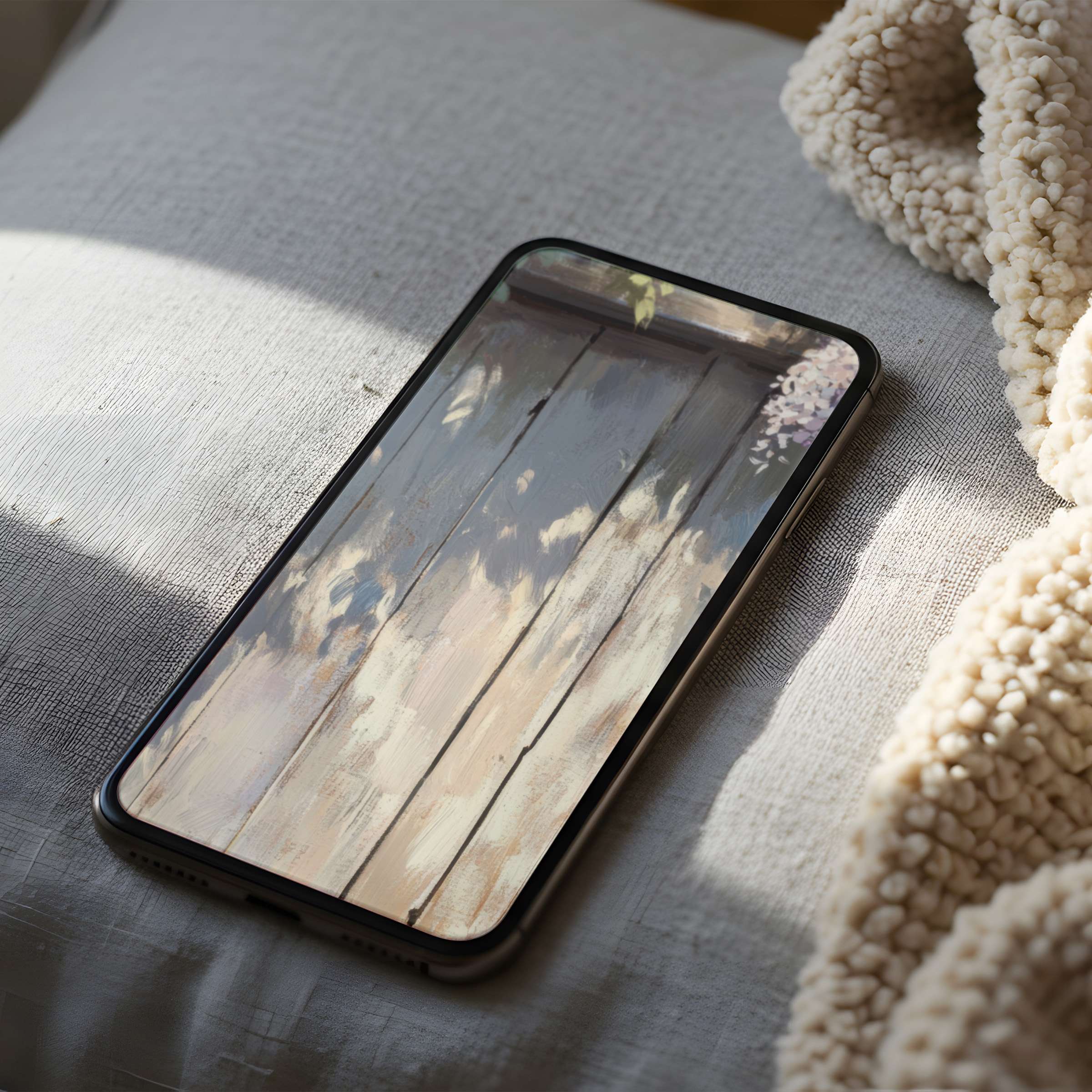 Elegant phone wallpaper with soft, warm wood textures and light reflections, perfect for iPhone and android digital download