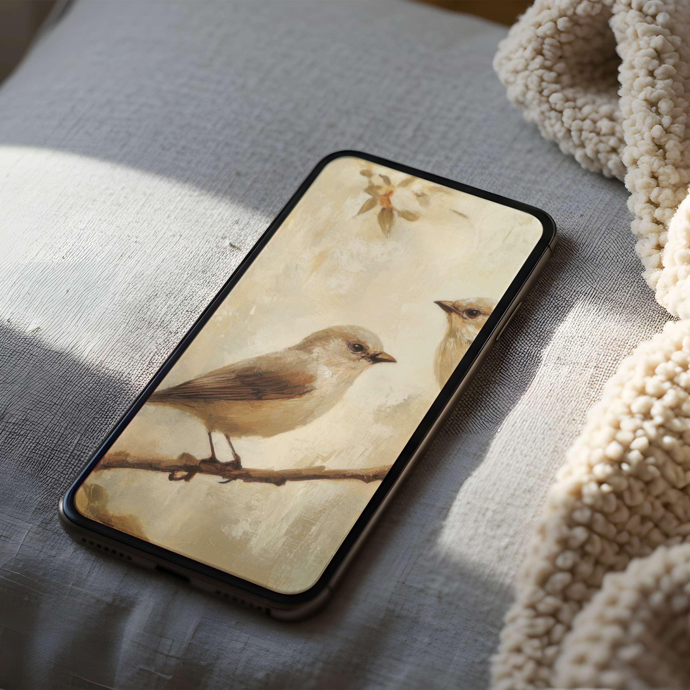 Elegant phone wallpaper featuring serene birds perched on branches in soft beige tones suitable for iPhone and android high resolution download