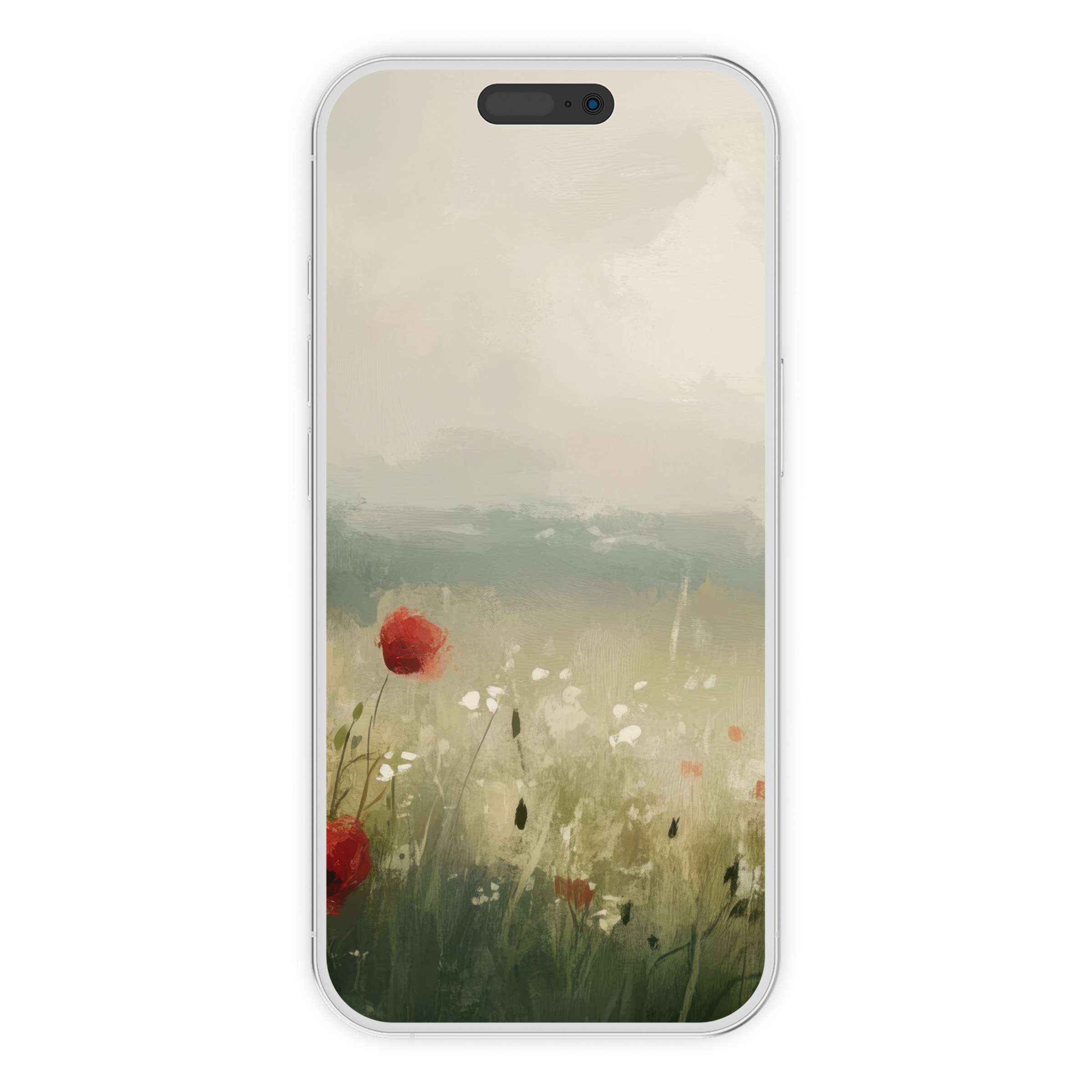 Elegant spring iPhone wallpaper with serene meadow, soft pastels, poppies, for phone background or digital download for Android