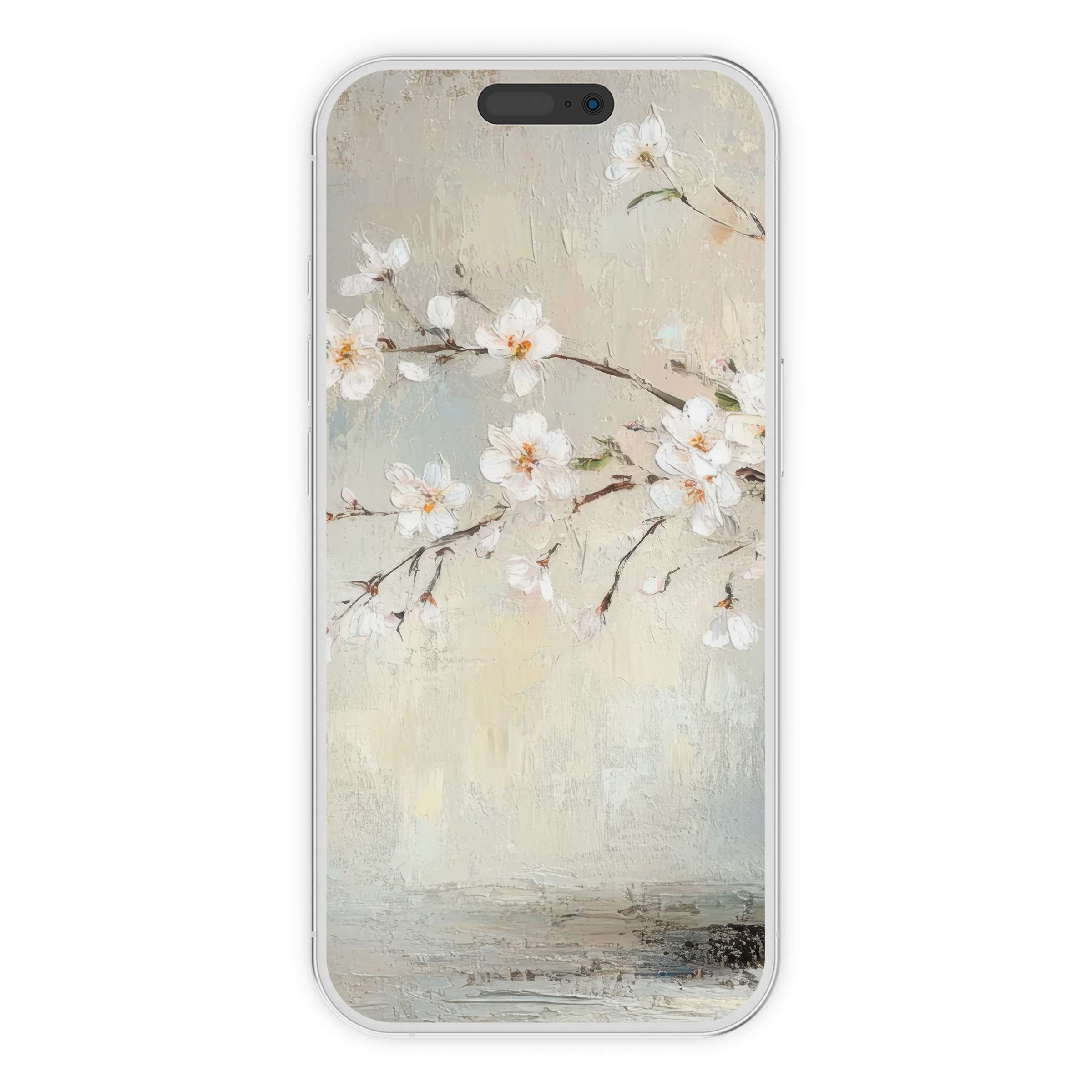 Spring iPhone wallpaper with elegant cherry blossoms on textured pastel background offers a calming digital download for phone aesthetics