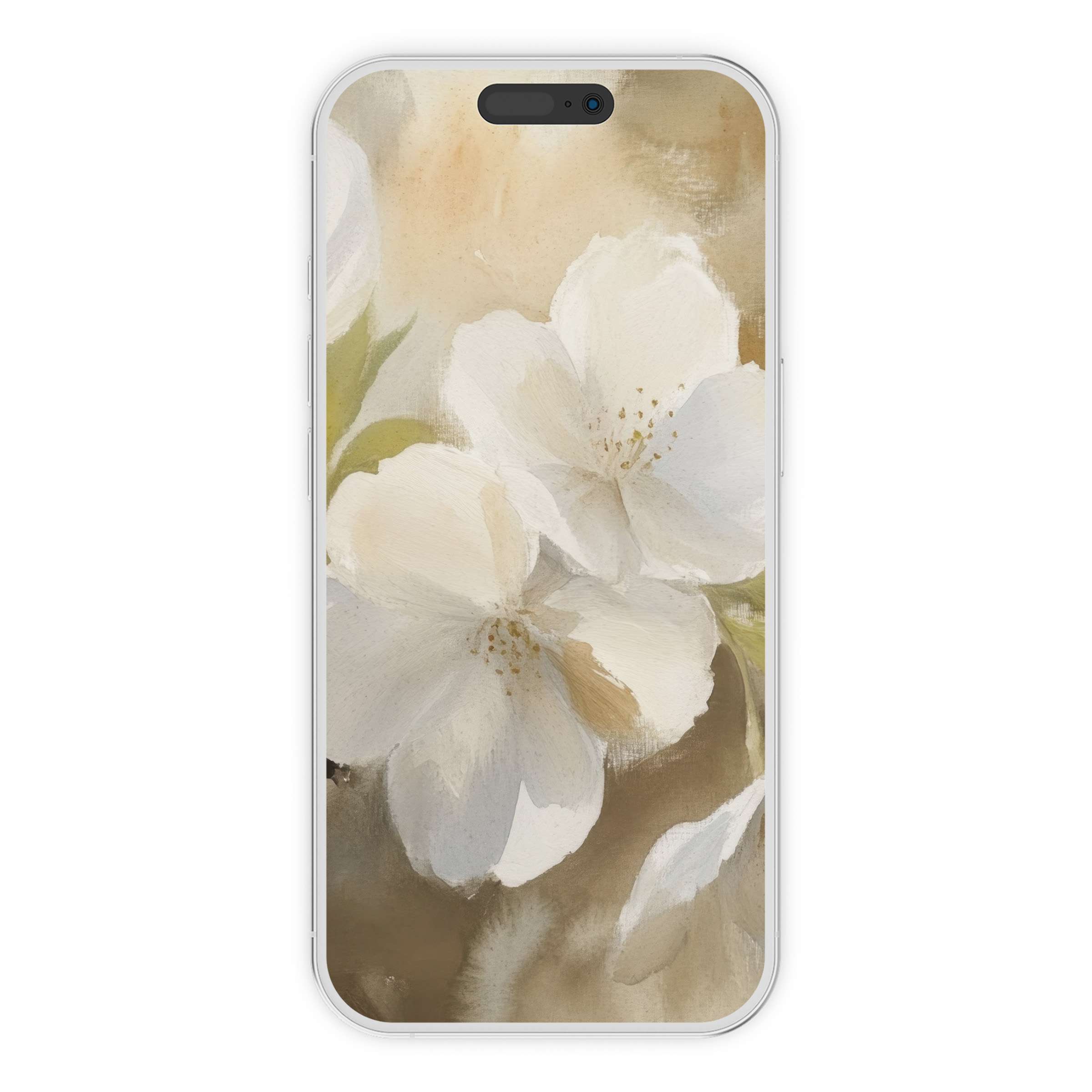 Elegant spring iPhone wallpaper features soft white blossoms on a warm beige background, perfect digital download for phone aesthetics