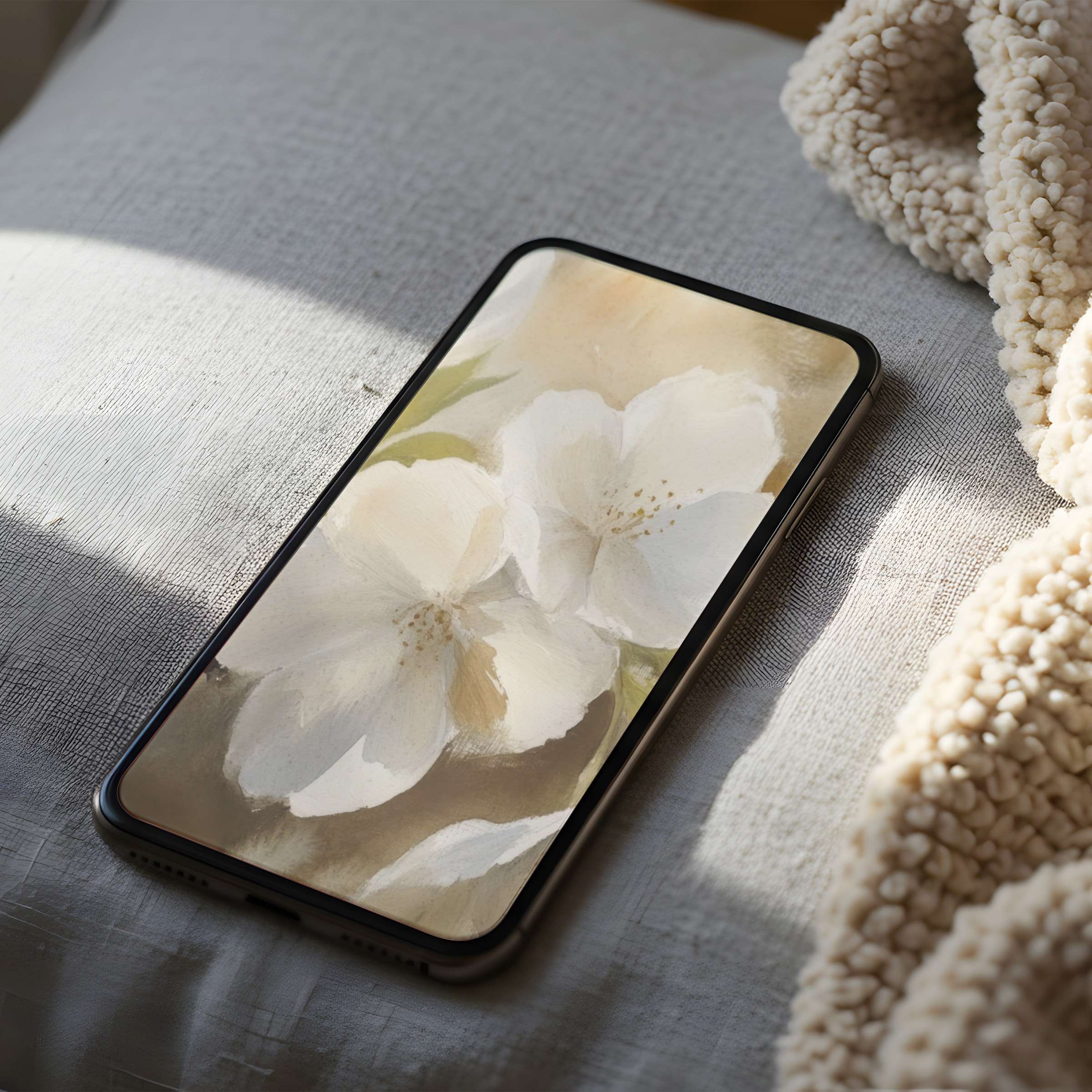 Elegant floral phone wallpaper in soft neutrals, perfect for iPhone and Android digital download, elevating calm aesthetics