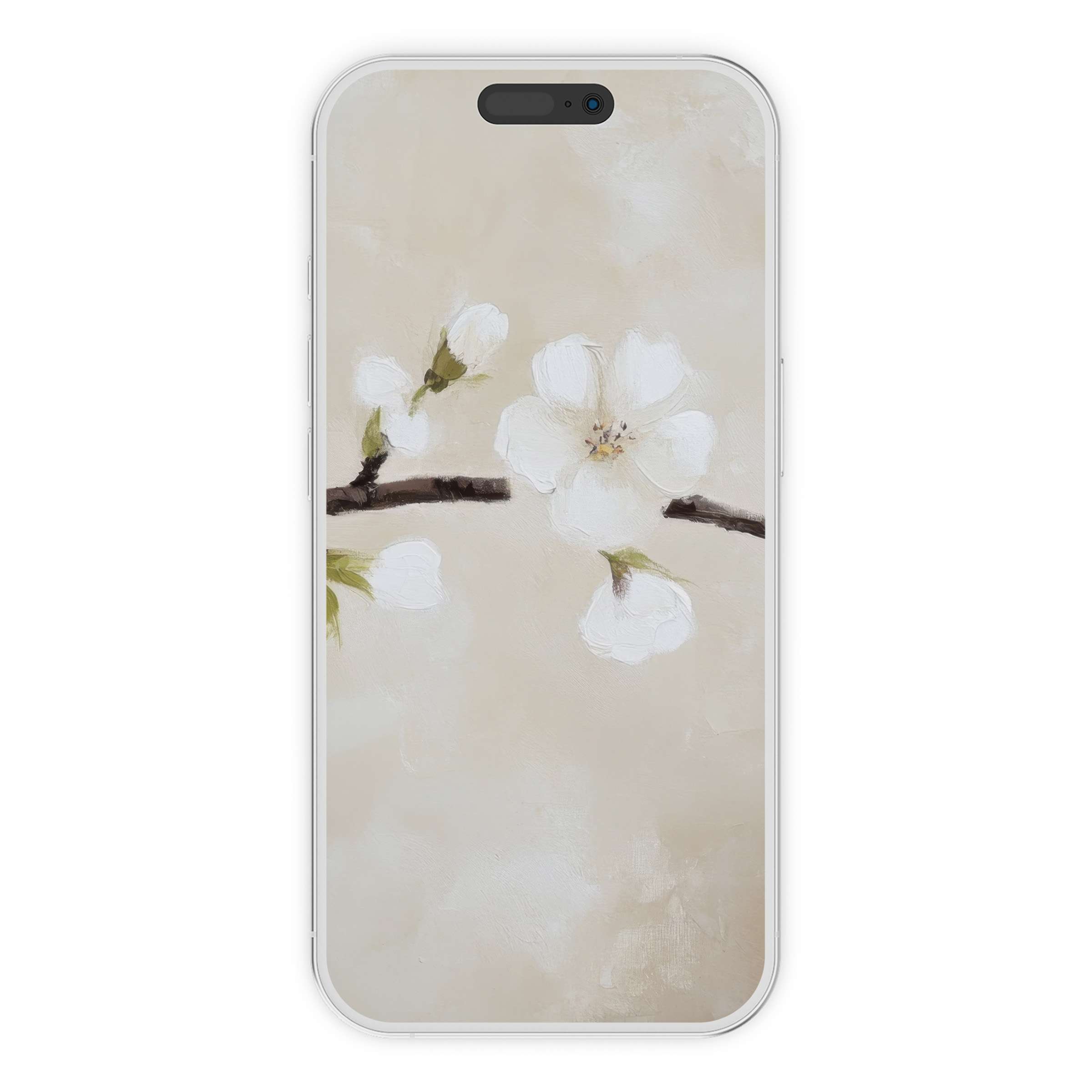 Elegant spring iPhone wallpaper featuring soft white blossoms on a branch, ideal phone background for a digital download and seasonal charm