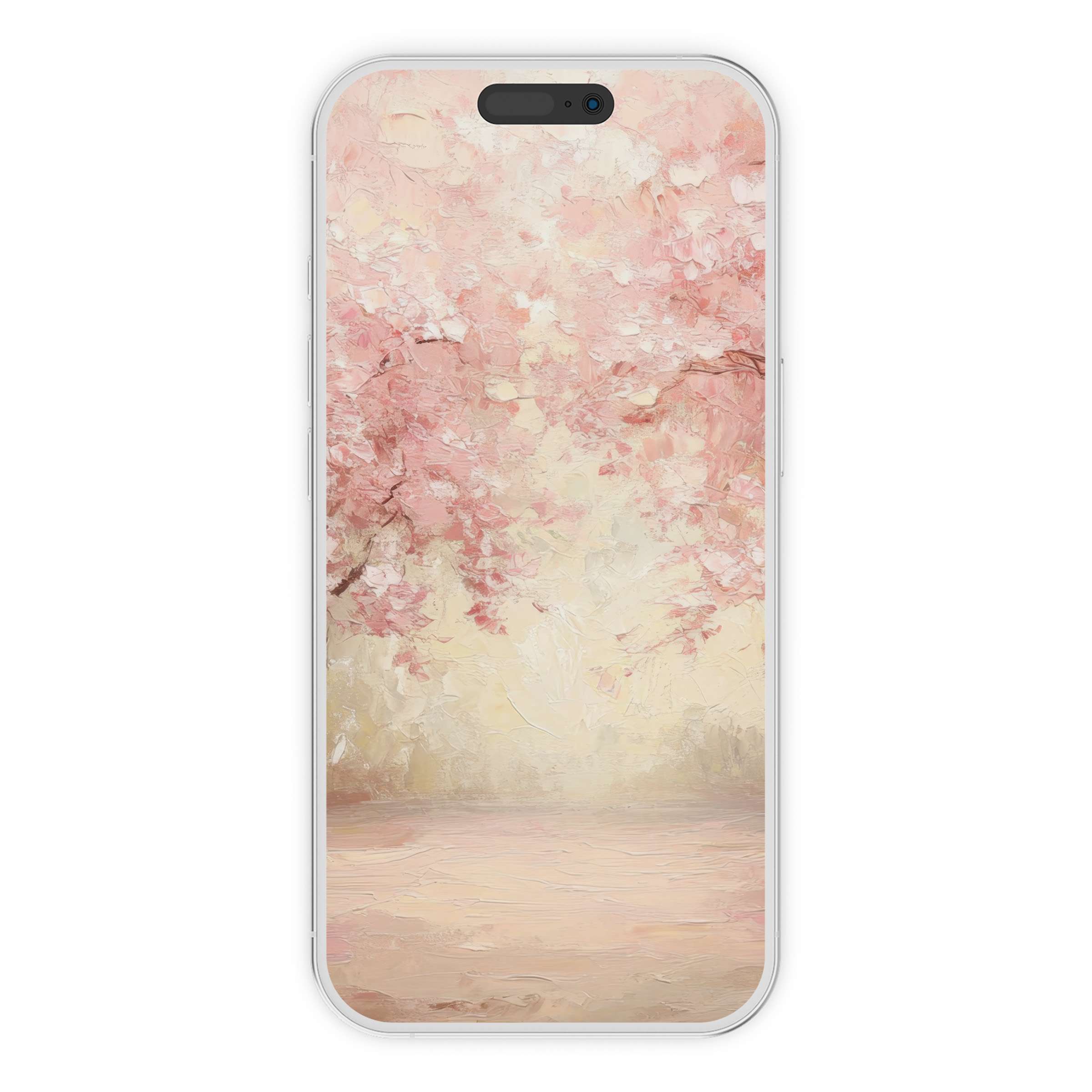 Spring iPhone wallpaper with soft pink blossoms on a textured background, perfect digital download for elegant phone aesthetics