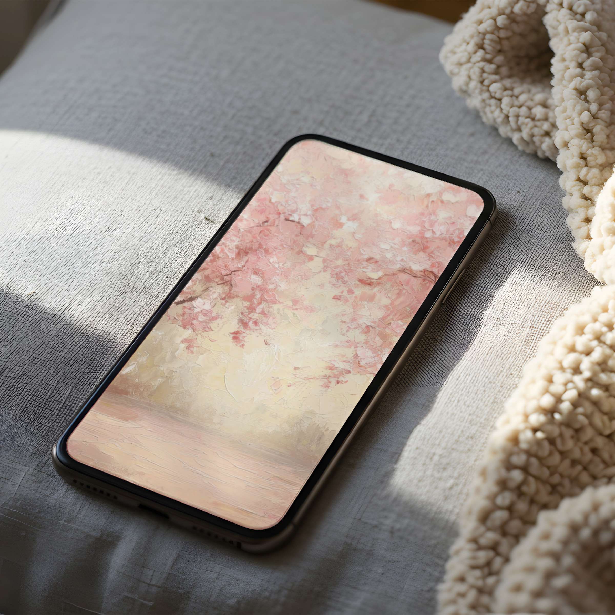 Elegant phone wallpaper with soft pink and cream abstract art, ideal for high-resolution iPhone and Android, offering calm aesthetics