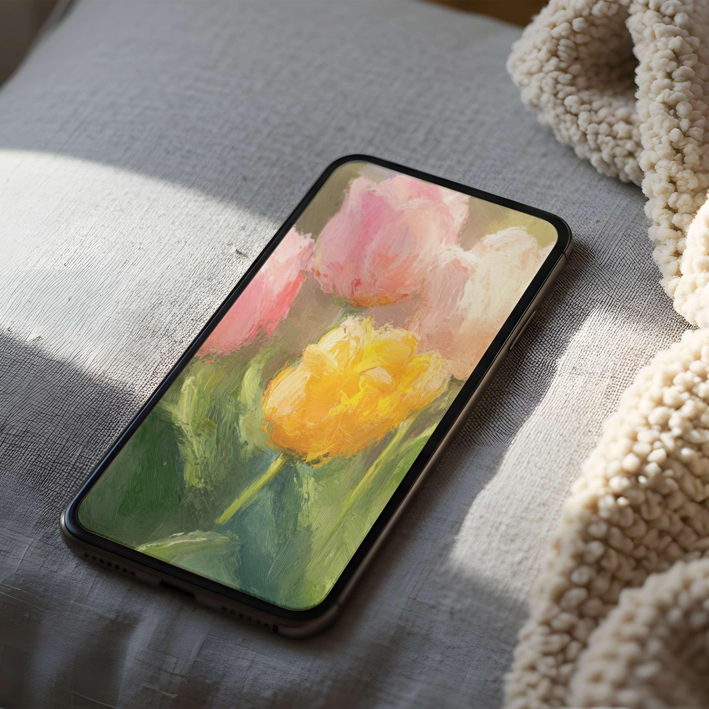 Curated phone wallpaper with soft pink and yellow tulip painting offers high resolution elegance for iPhone and Android tranquility