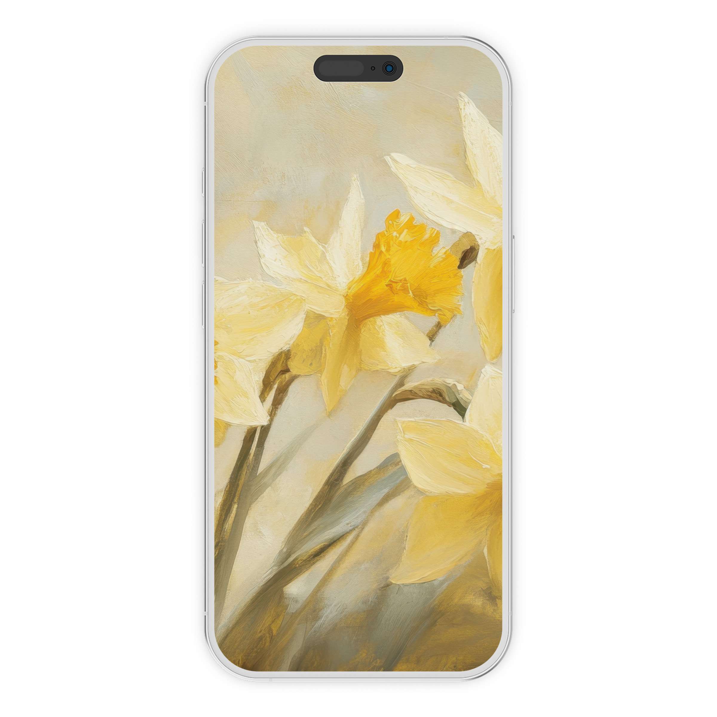 Elegant spring iPhone wallpaper featuring yellow daffodils in soft hues, perfect digital download background for phone aesthetics and tranquility