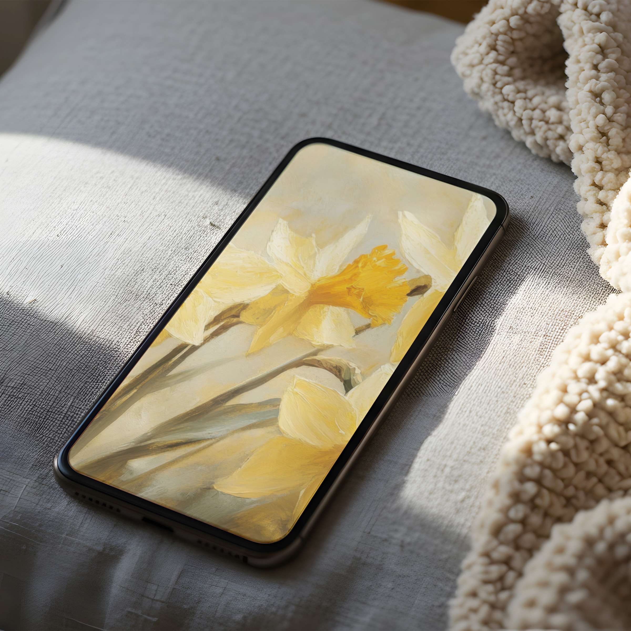 Elegant phone wallpaper featuring serene yellow daffodils in high resolution, perfect for iPhone and android digital download