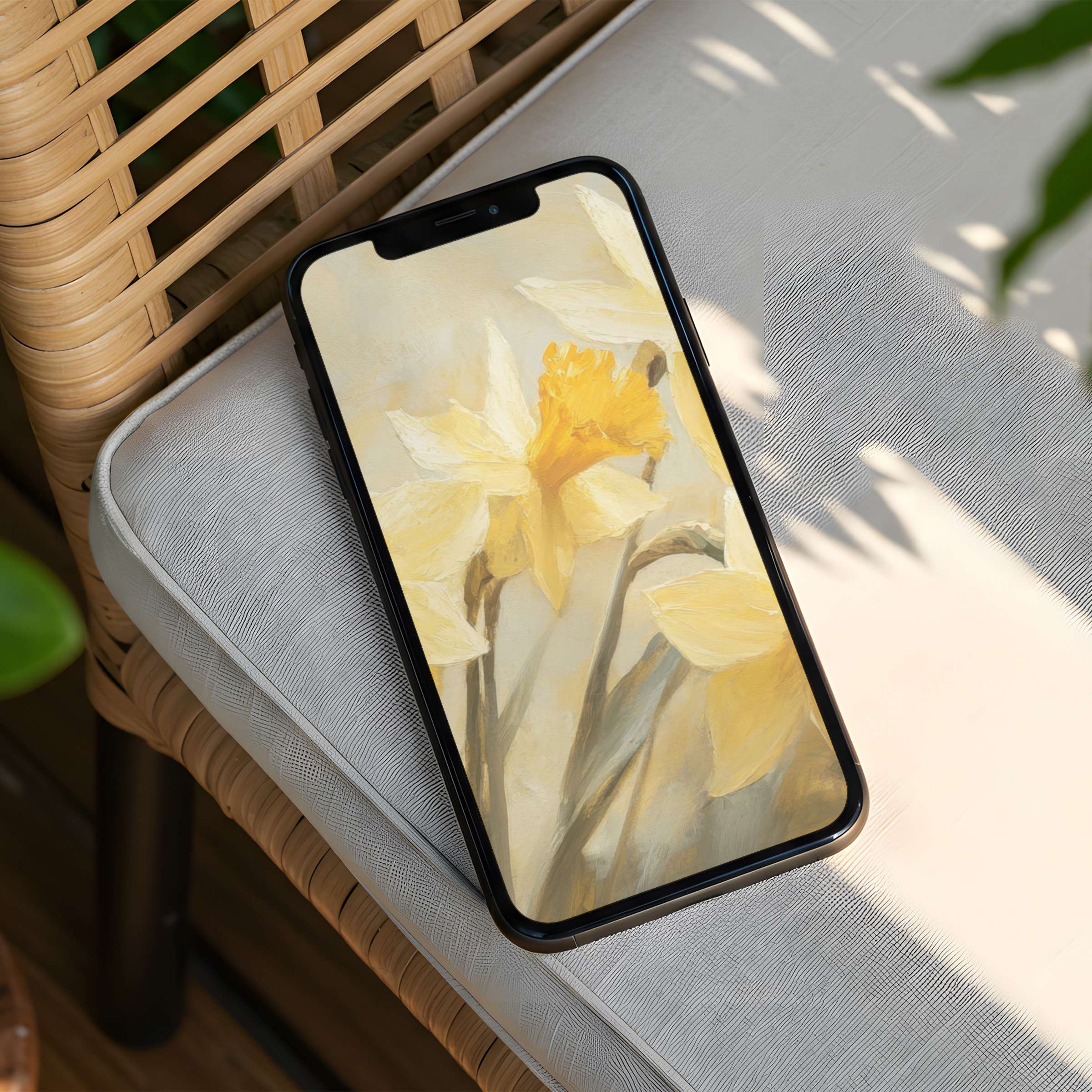 Elegant iPhone background featuring serene yellow daffodils painted in soft hues for instant download calming your phone experience