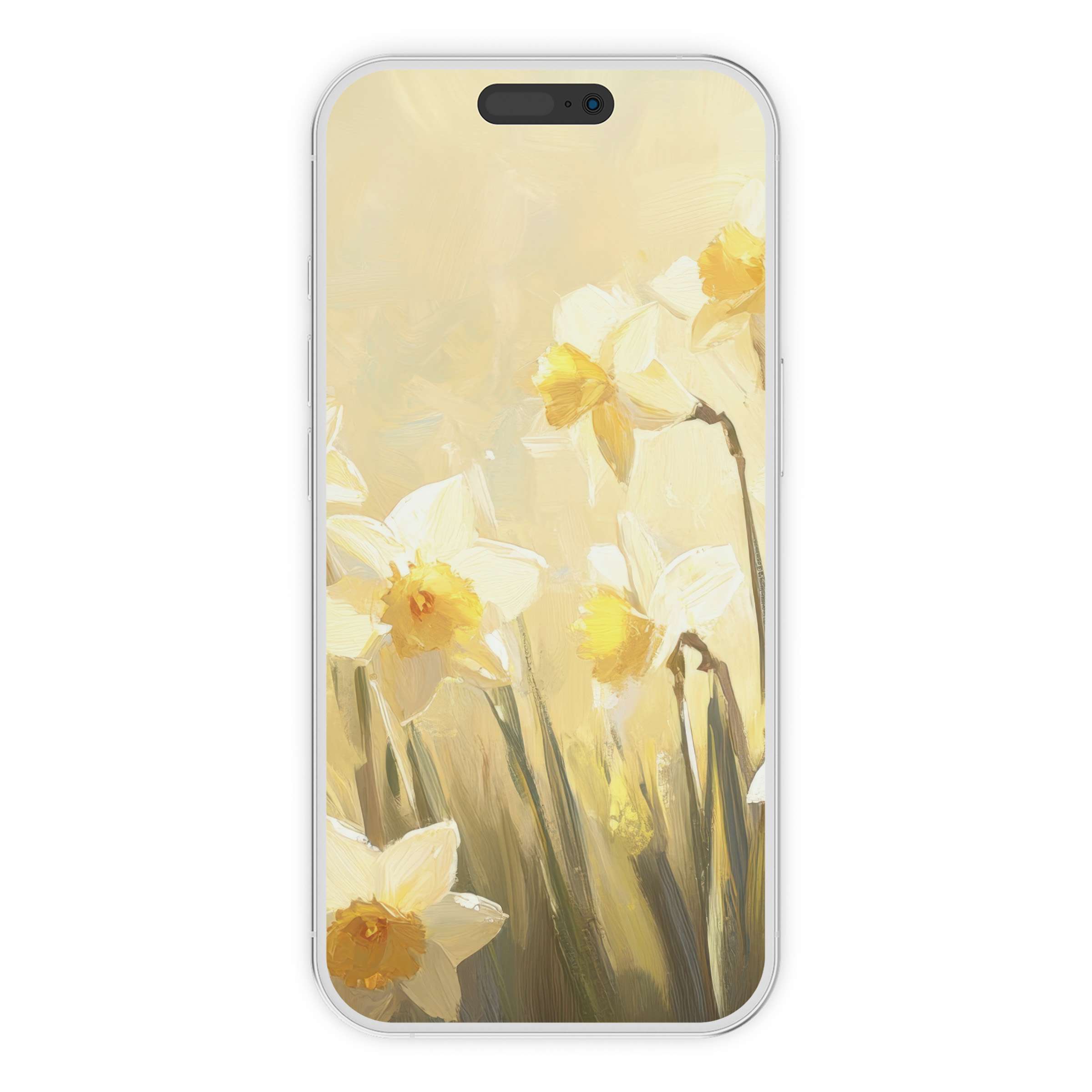 Elegant spring iPhone wallpaper featuring yellow daffodils painted in soft brushstrokes as a calm, aesthetic phone background digital download