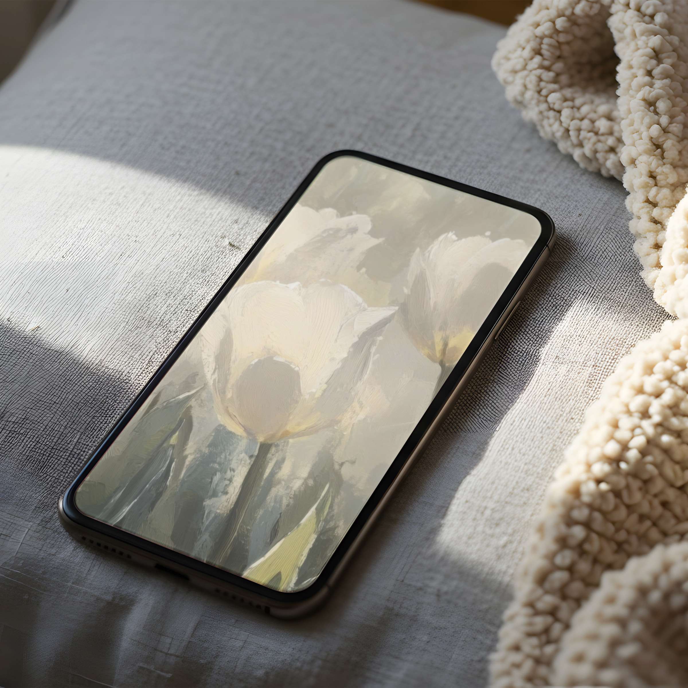 Elegant white floral phone wallpaper with a soft, calming aesthetic on a cozy bed setting, perfect for high resolution iPhone downloads
