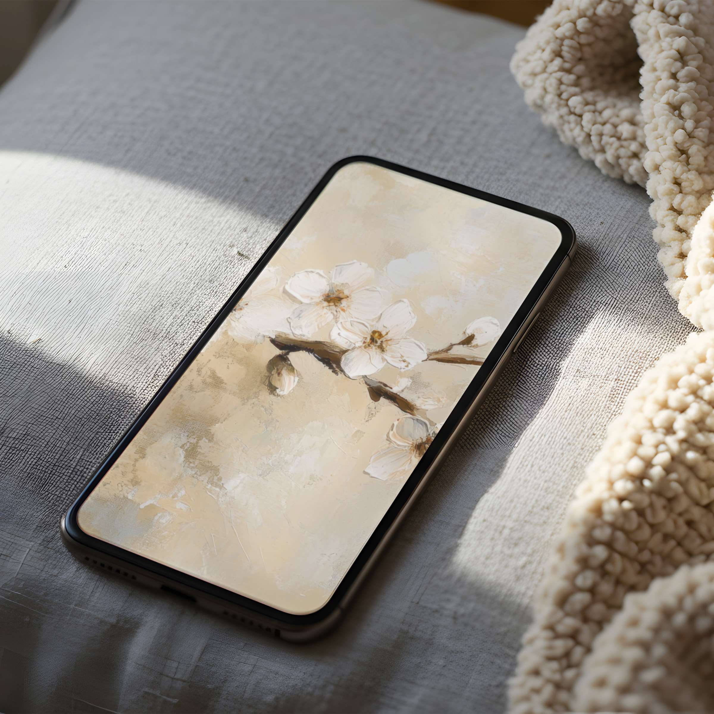 Elegant phone wallpaper featuring soft white blossoms on a textured beige background, perfect high resolution for iPhone and Android tranquility