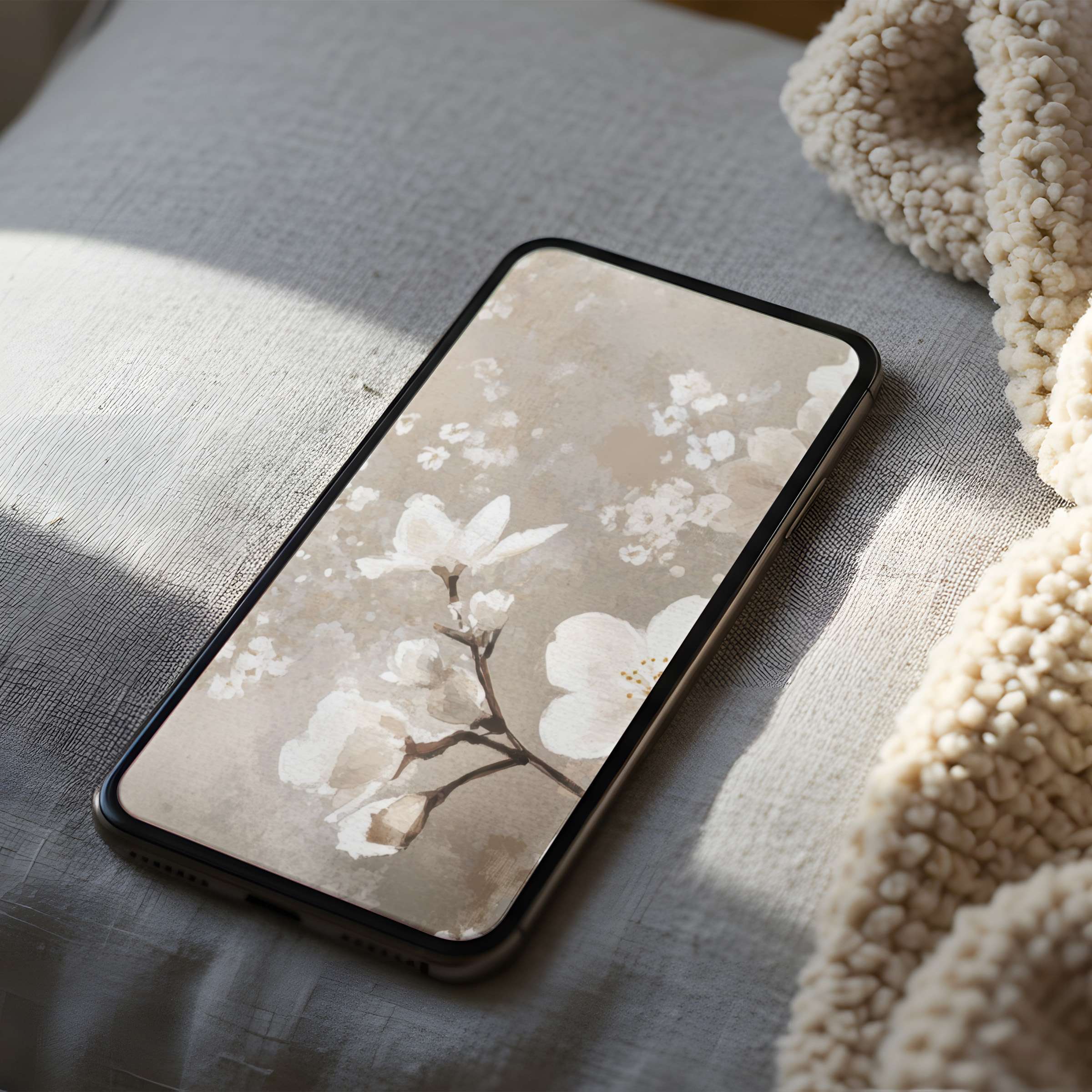 Elegant floral phone wallpaper with delicate white blossoms on a beige background, perfect for iPhone and Android digital download