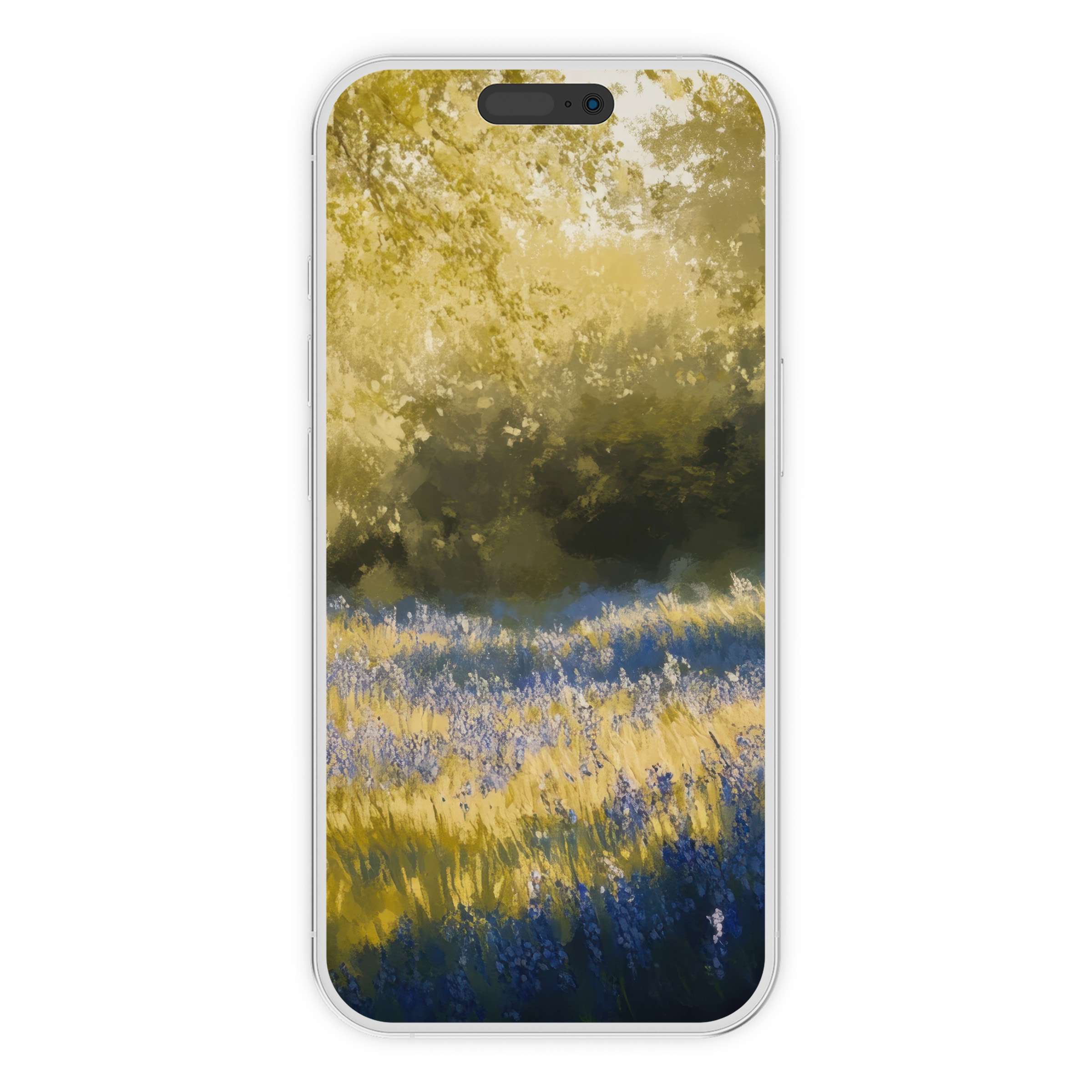 Spring iPhone wallpaper showcases serene golden sunlight filtering through lush blossoms, offering a calm phone background digital download