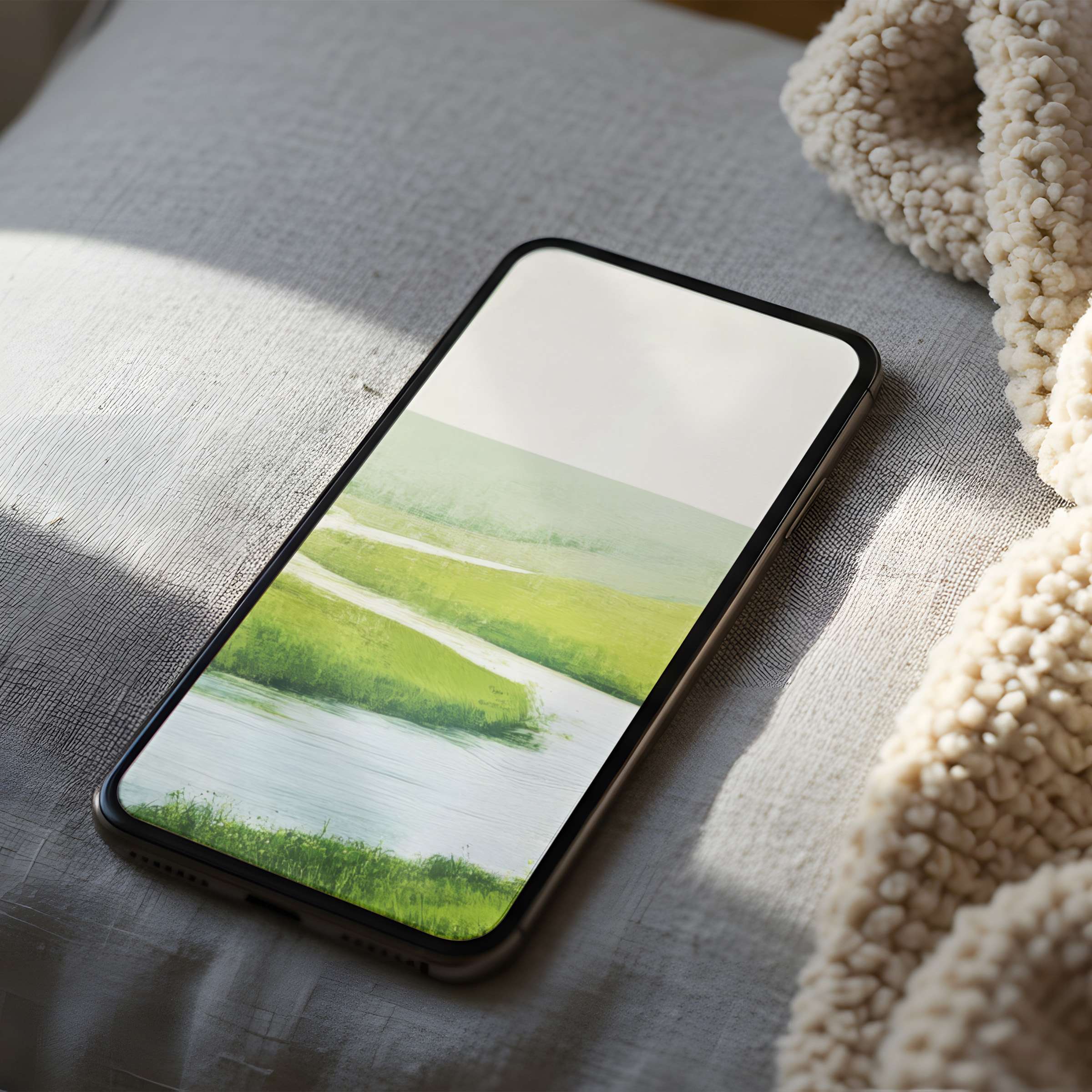 Serene landscape phone wallpaper featuring lush green fields and calming river, perfect for iPhone and Android digital download
