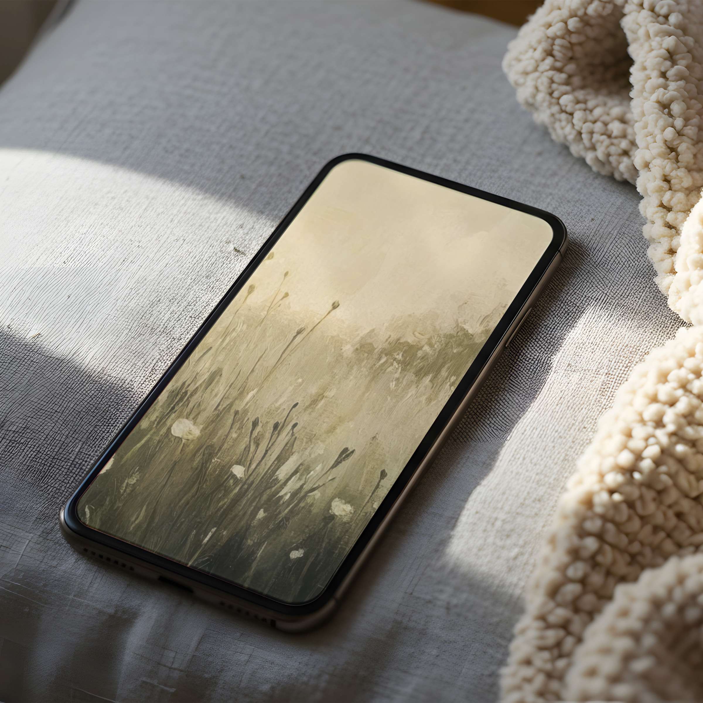 Elegant phone wallpaper showcasing a serene green field watercolor, perfect for iPhone and Android, offers a calm, curated digital download