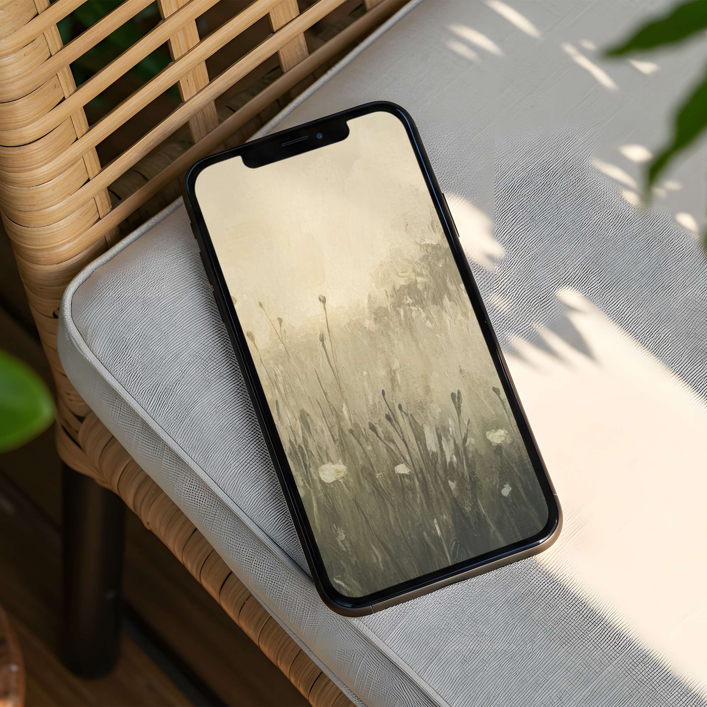 Elegant iPhone background featuring calming neutral tones and delicate nature scene as instant download for mindful phone design