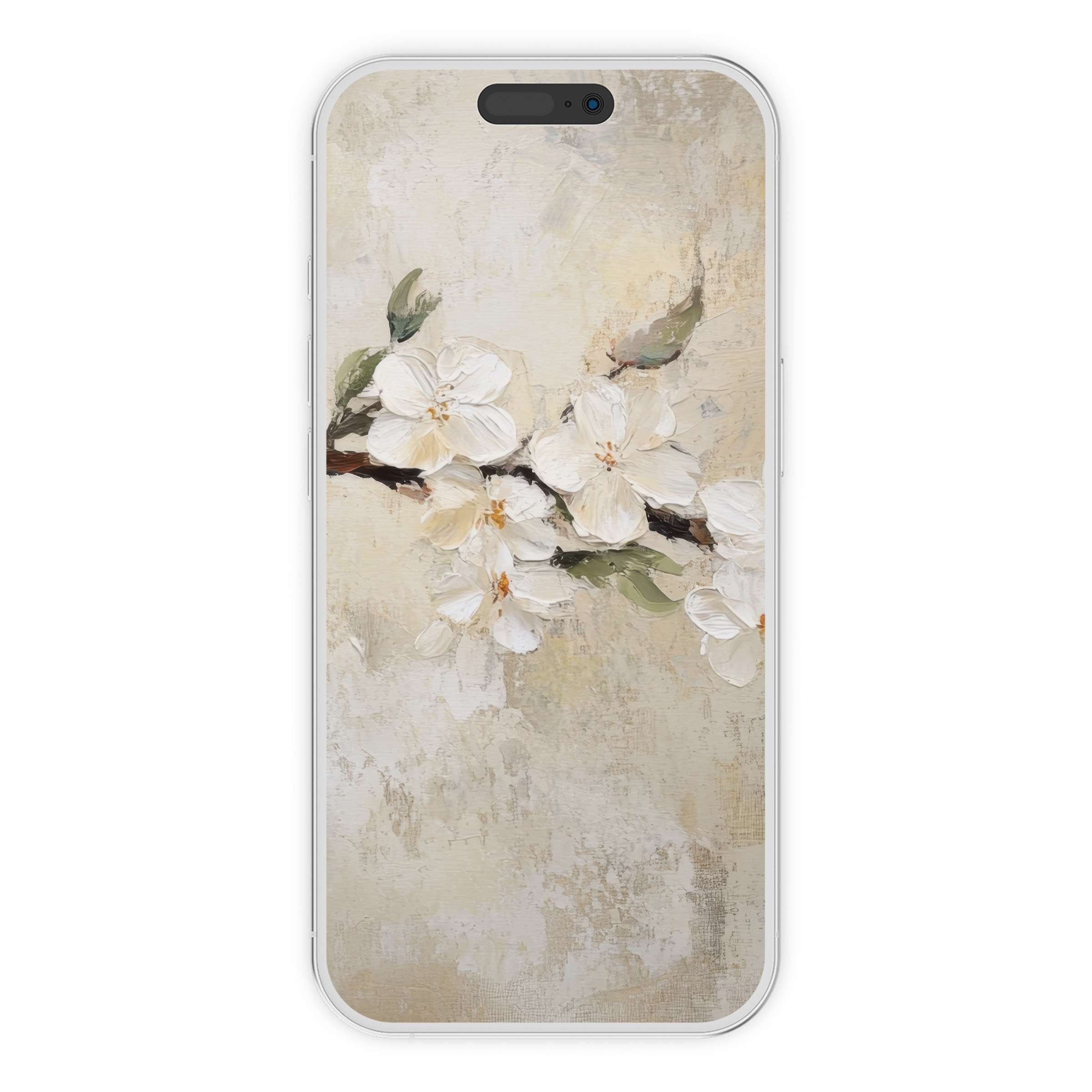 Elegant spring iPhone wallpaper with delicate white blossoms, ideal phone background for digital download in textured, soothing style