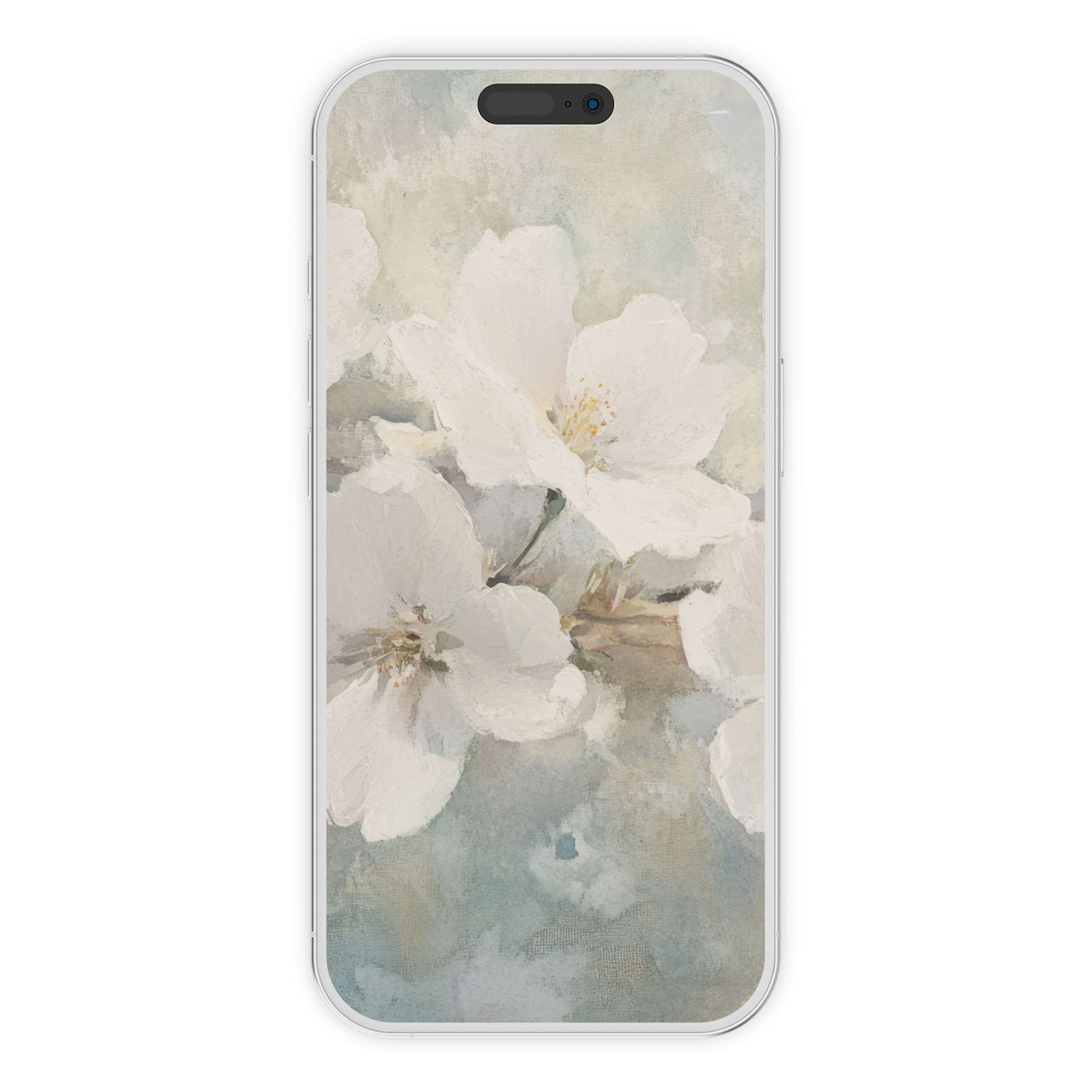 Elegant spring iPhone wallpaper featuring delicate white blossoms on a soothing pastel background digital download for phone screens