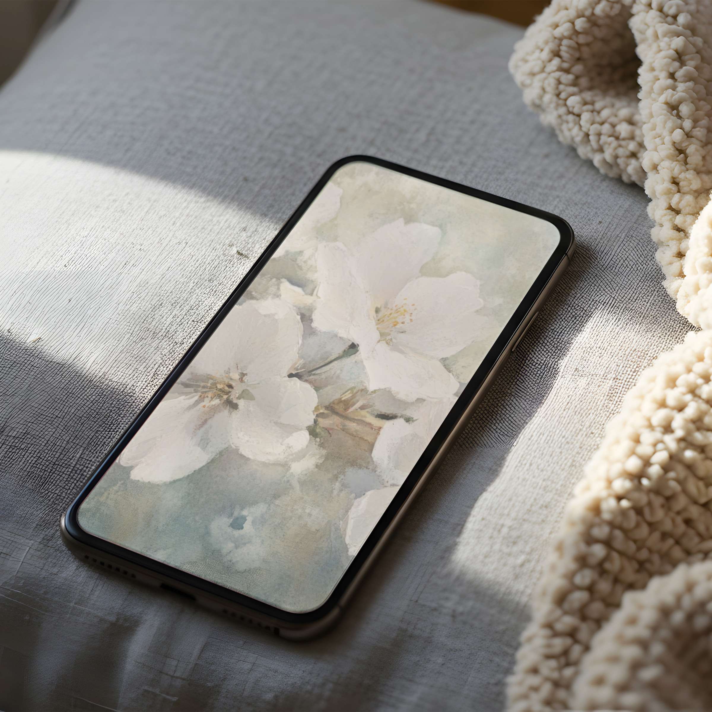 Elegant white flower phone wallpaper on soft fabric evokes tranquility, available for iPhone and Android phone digital download