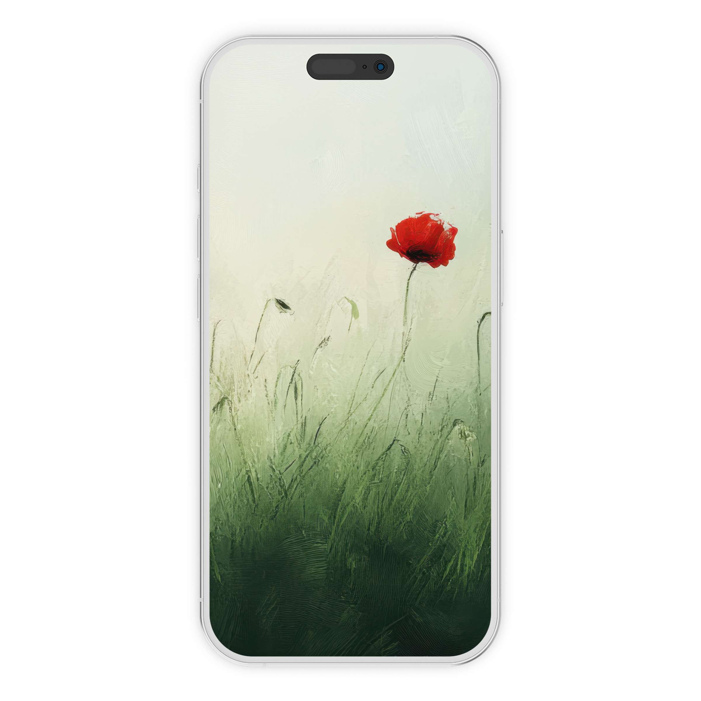 Gentle red poppy on lush green grass creates a serene spring iPhone wallpaper background for digital download, ideal for any phone