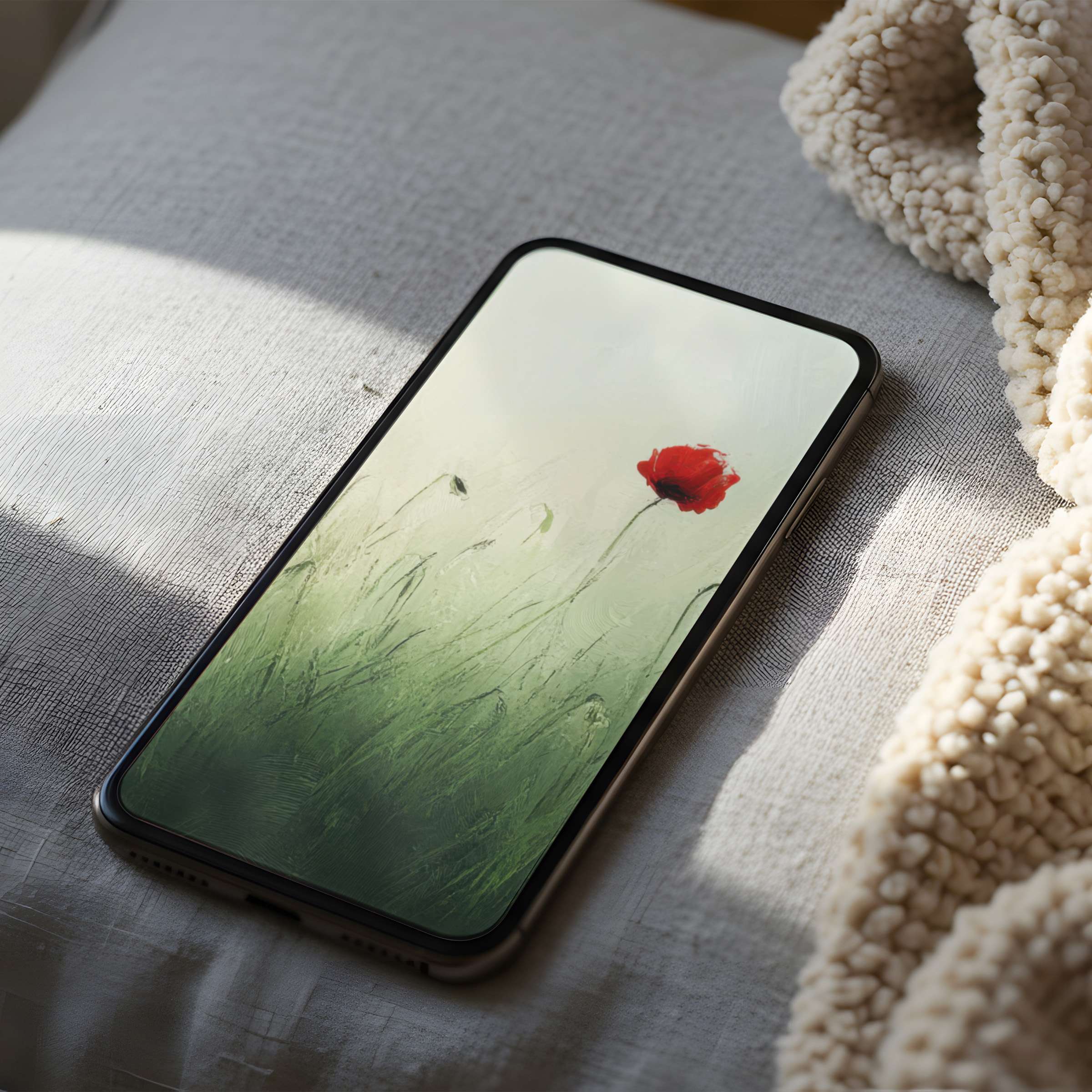 Elegant phone wallpaper featuring a red poppy in a serene green field, suitable for iPhone and Android, high resolution download