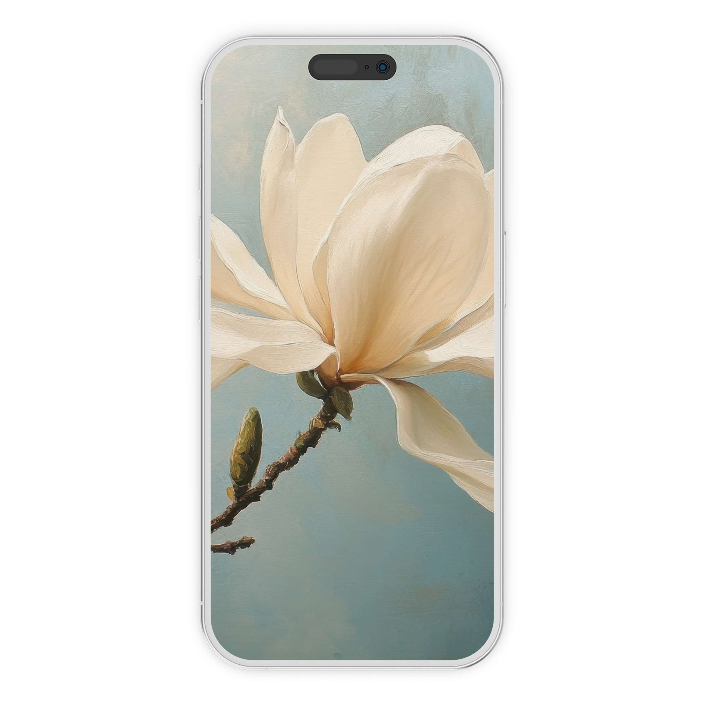 Elegant spring iPhone wallpaper featuring a white magnolia on a soft blue background perfect digital download for phone serenity
