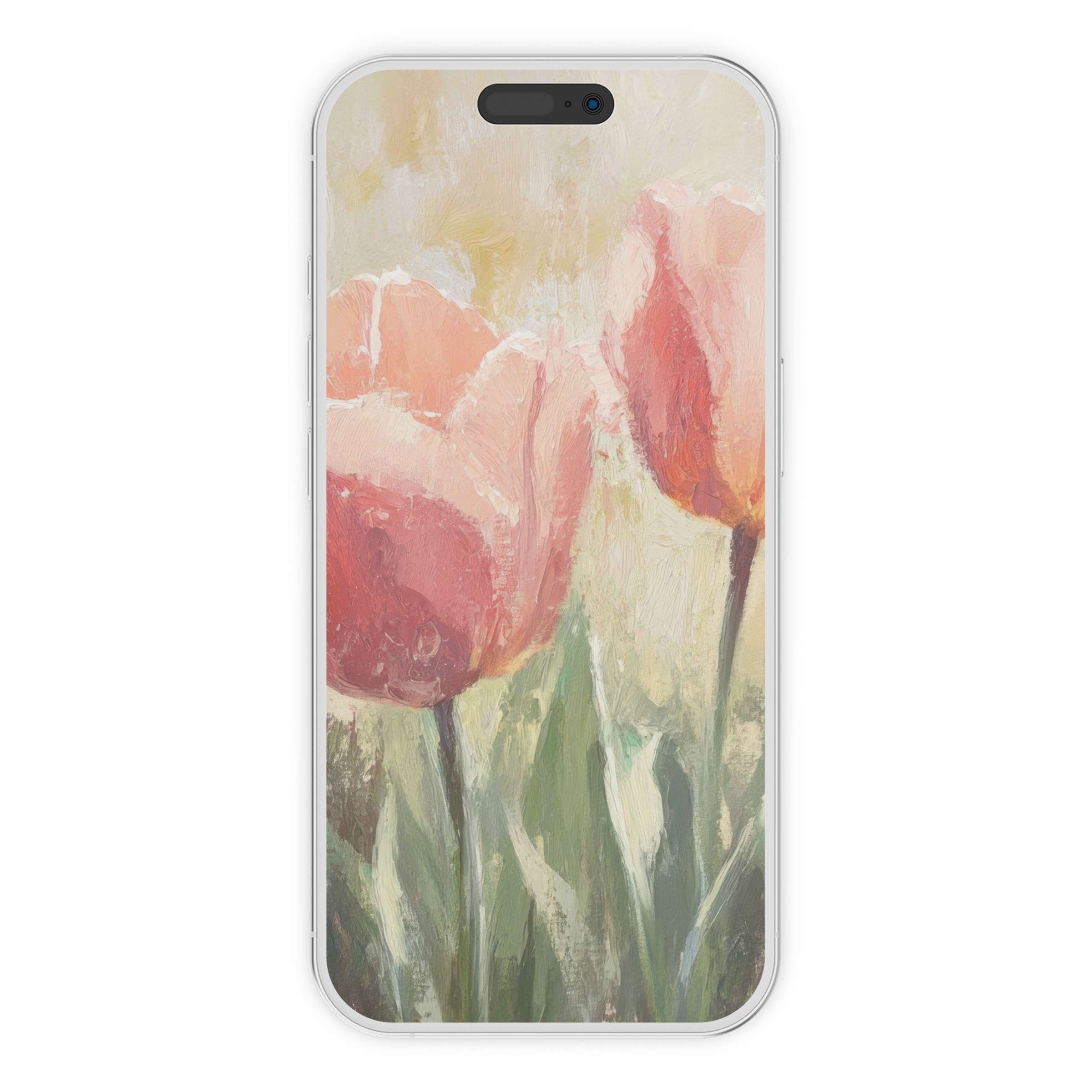 Elegant spring iPhone wallpaper with pink tulip art for a calm, aesthetic phone background; digital download for all devices