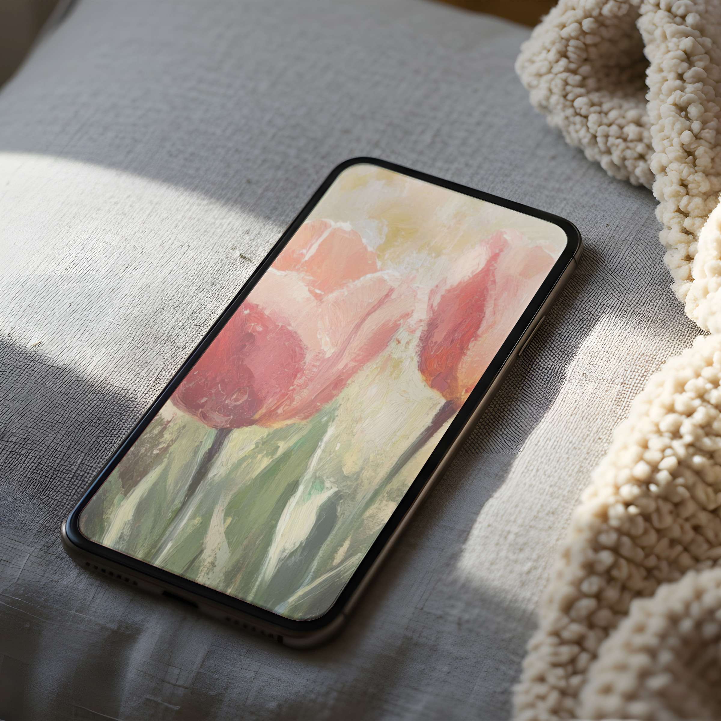 Elegant phone wallpaper showcasing pastel tulips in high resolution brushstrokes on a cozy cushion setting digital download suitable