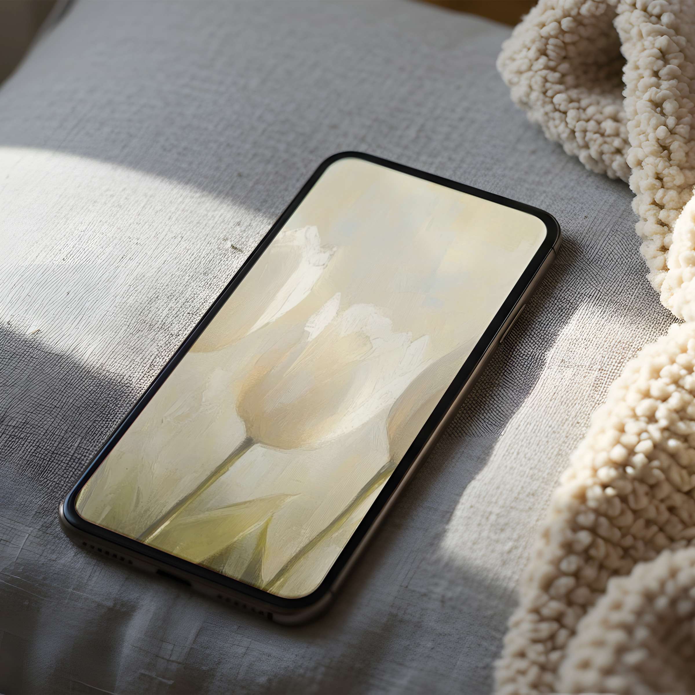 Elegant phone wallpaper featuring soft white tulips in a high-resolution digital art style, perfect for iPhone and android downloads