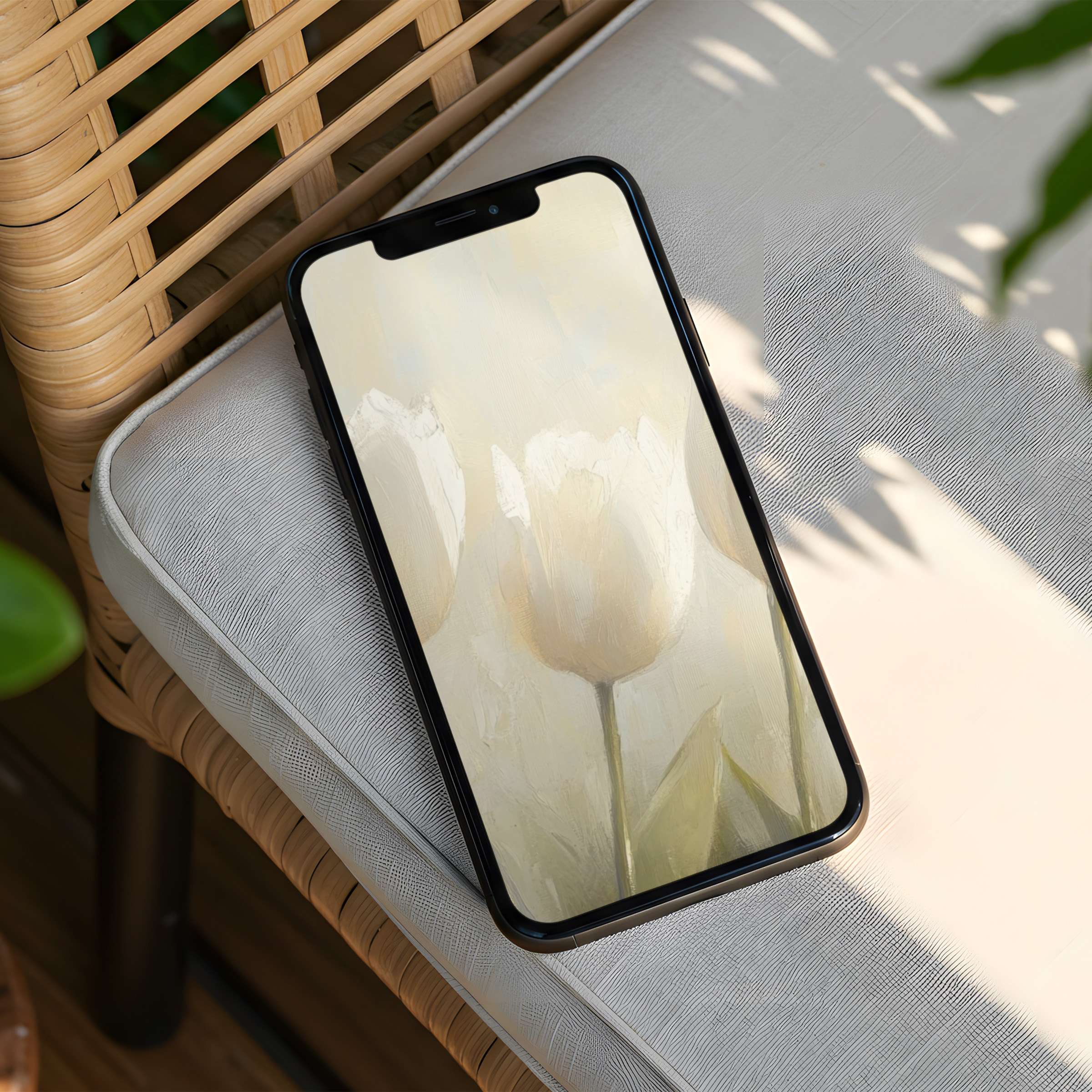 Elegant iPhone background featuring soft white tulips in a serene setting for instant download on your phone inspiring calmness