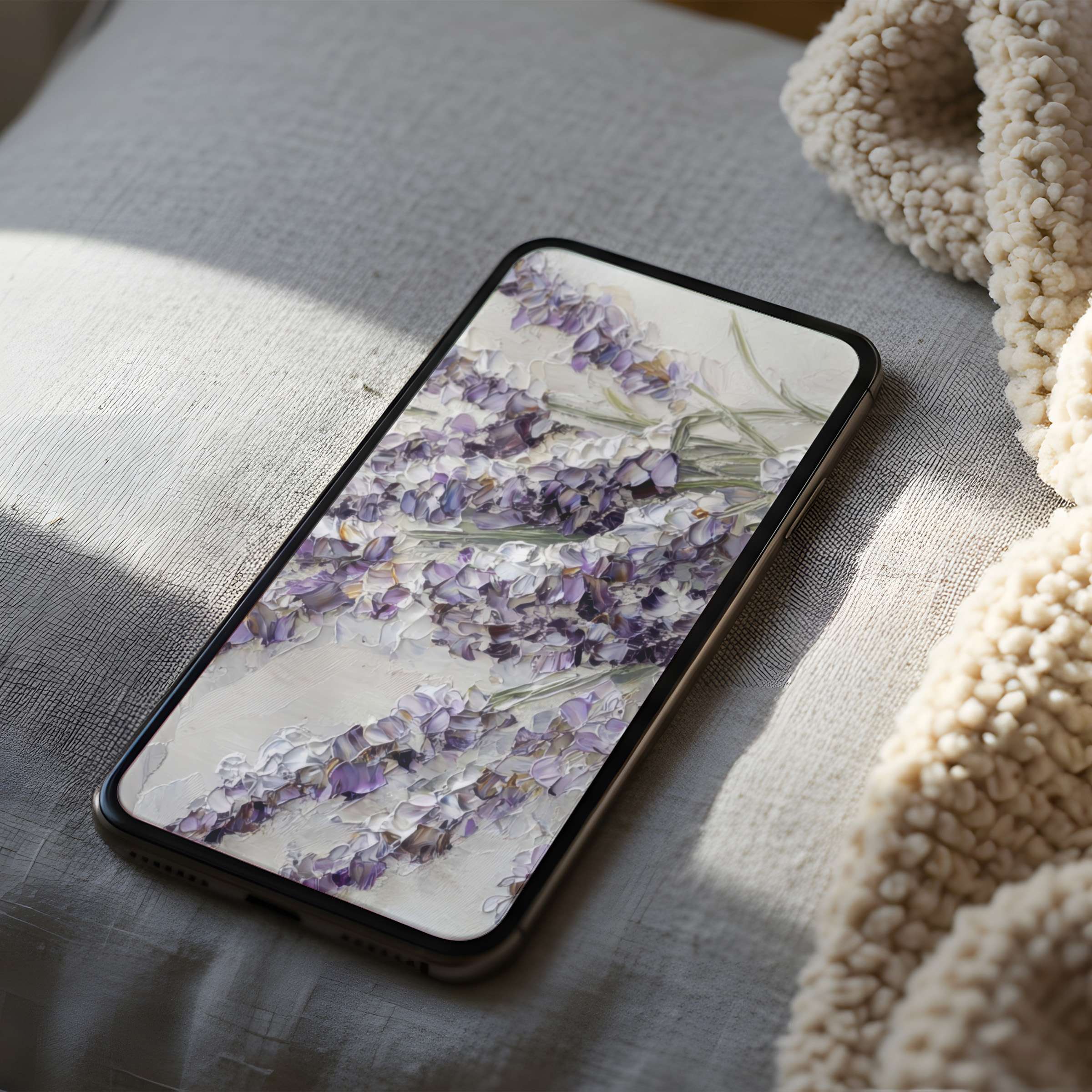 Elegant lavender motif phone wallpaper offers calming digital art for iPhone and Android, perfect for high resolution, curated aesthetics