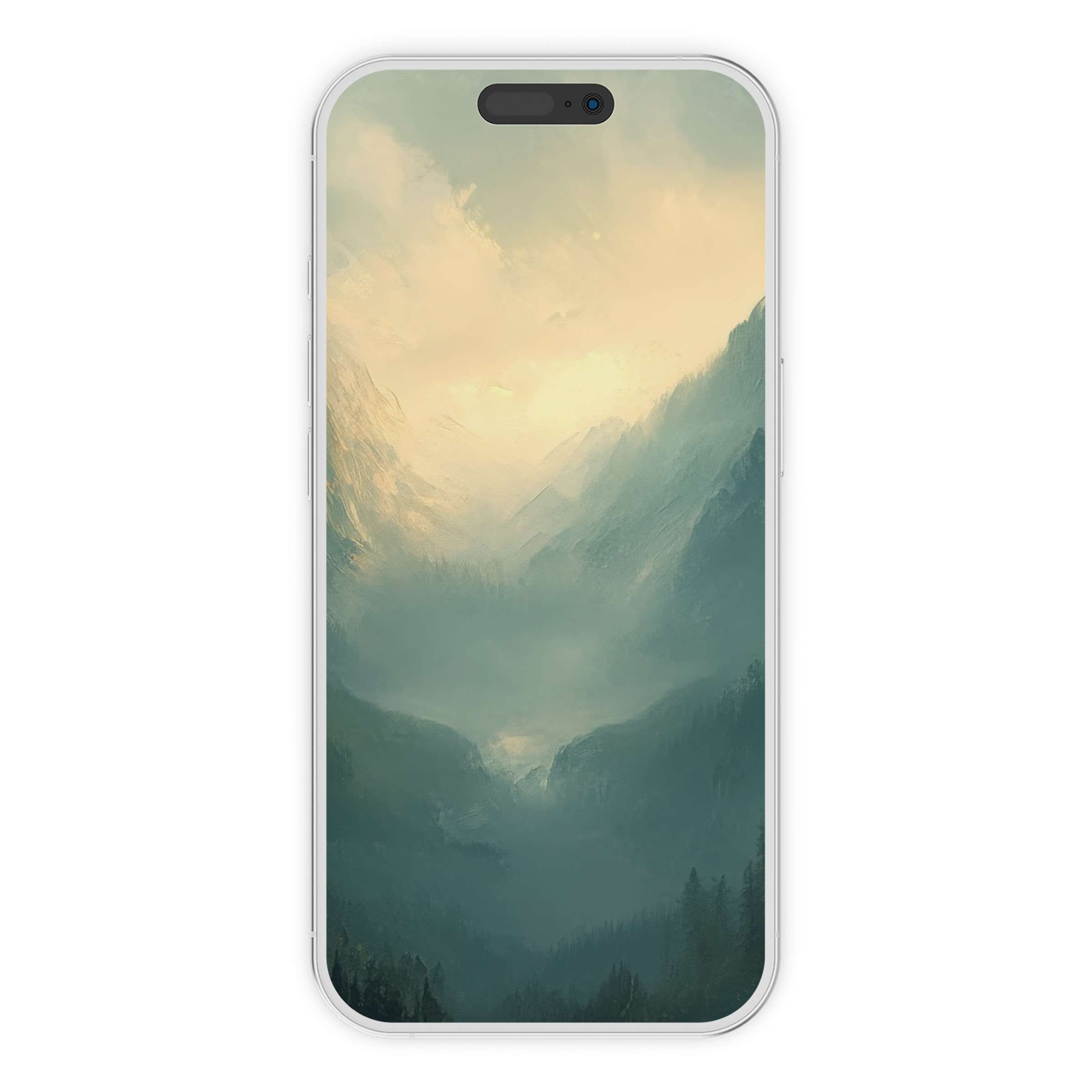 Elegant spring iPhone wallpaper featuring serene misty mountains as a digital download phone background for tranquil settings